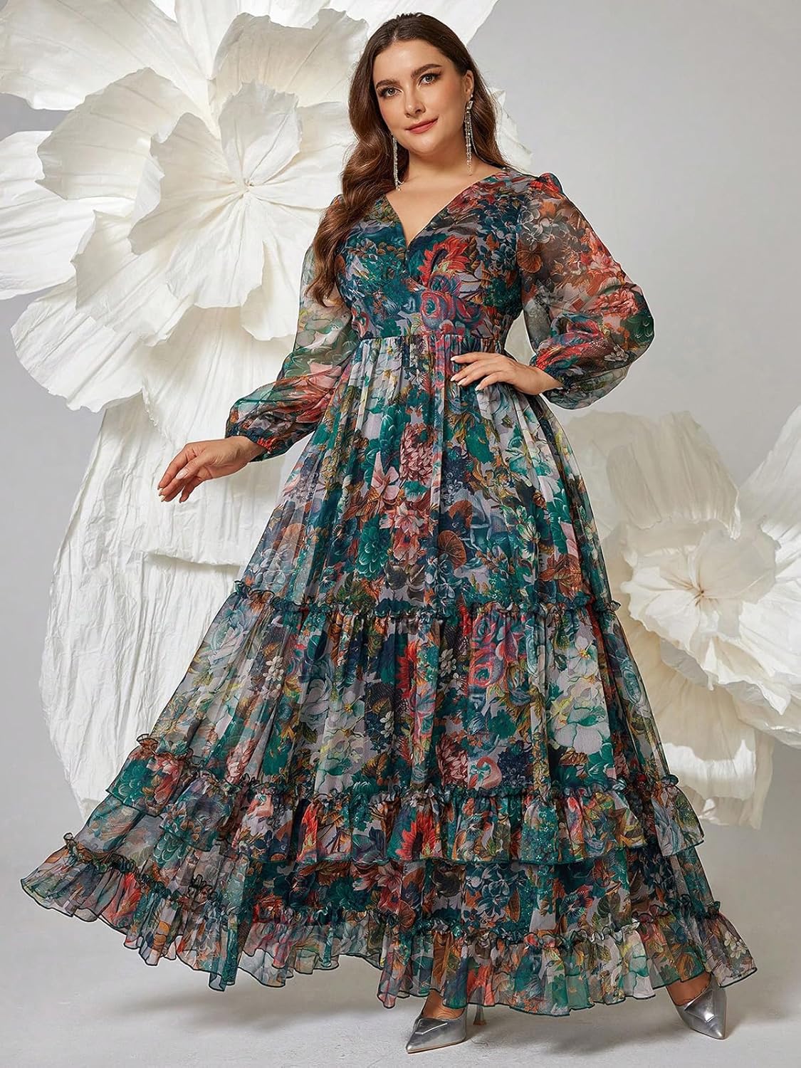 Spring Summer 2026 Plus Size Womens Dresses V Neck Casual Elegant Long Sleeve Floral Print Maxi Dress