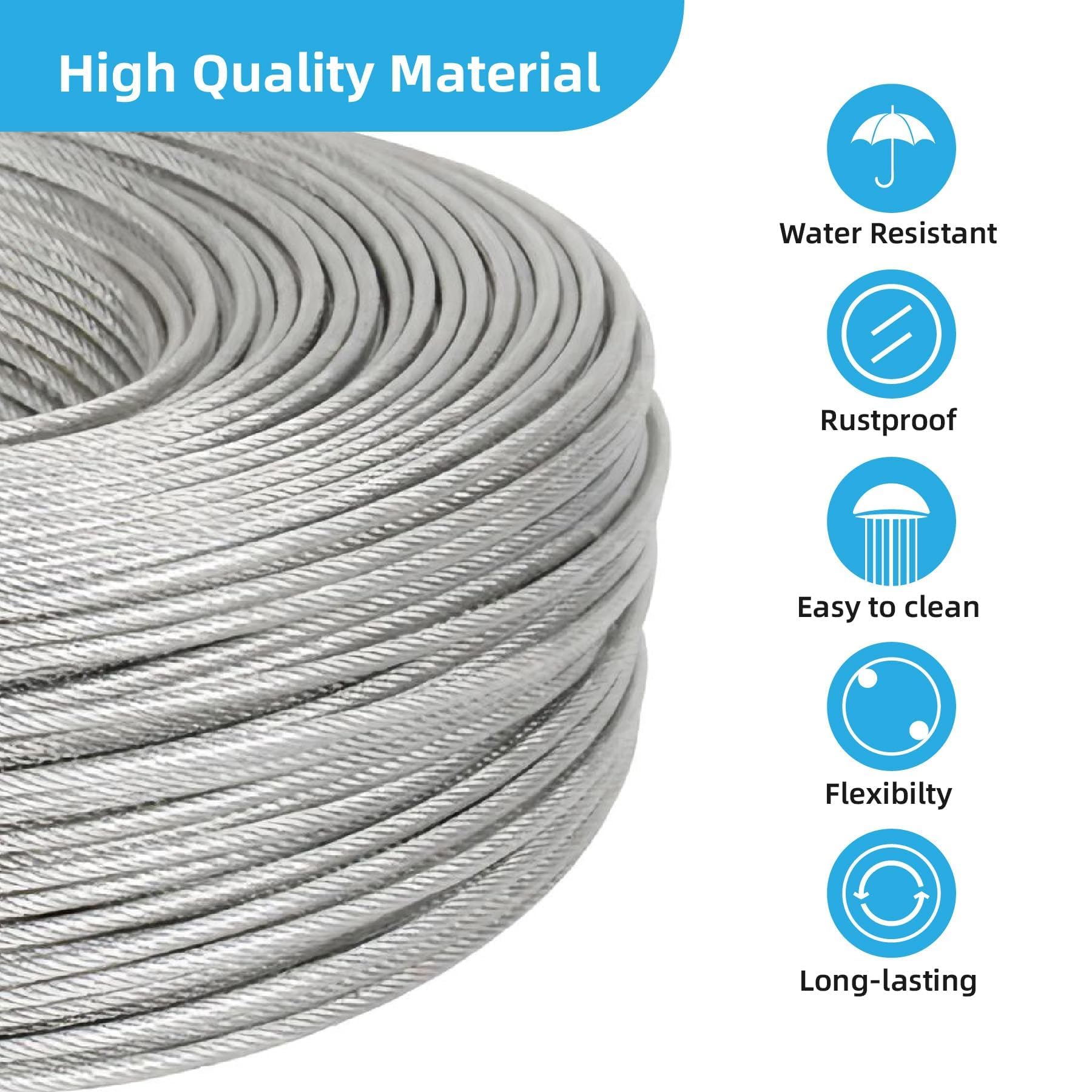 18m 3mm Cavo Acciaio Inox 304, Fune in Filo Acciaio Rivestito PVC, Nucleo 7 x 7, Corda Metallica in Acciaio