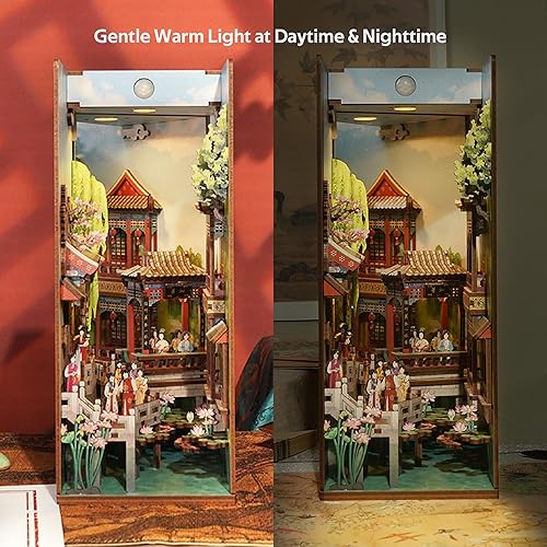 Miniatura 4 de Tonecheer Kit de rincón de libro para adultos, rompecabezas 3D de madera para estantería, kit de casa en miniatura de Booknook chino con cubierta