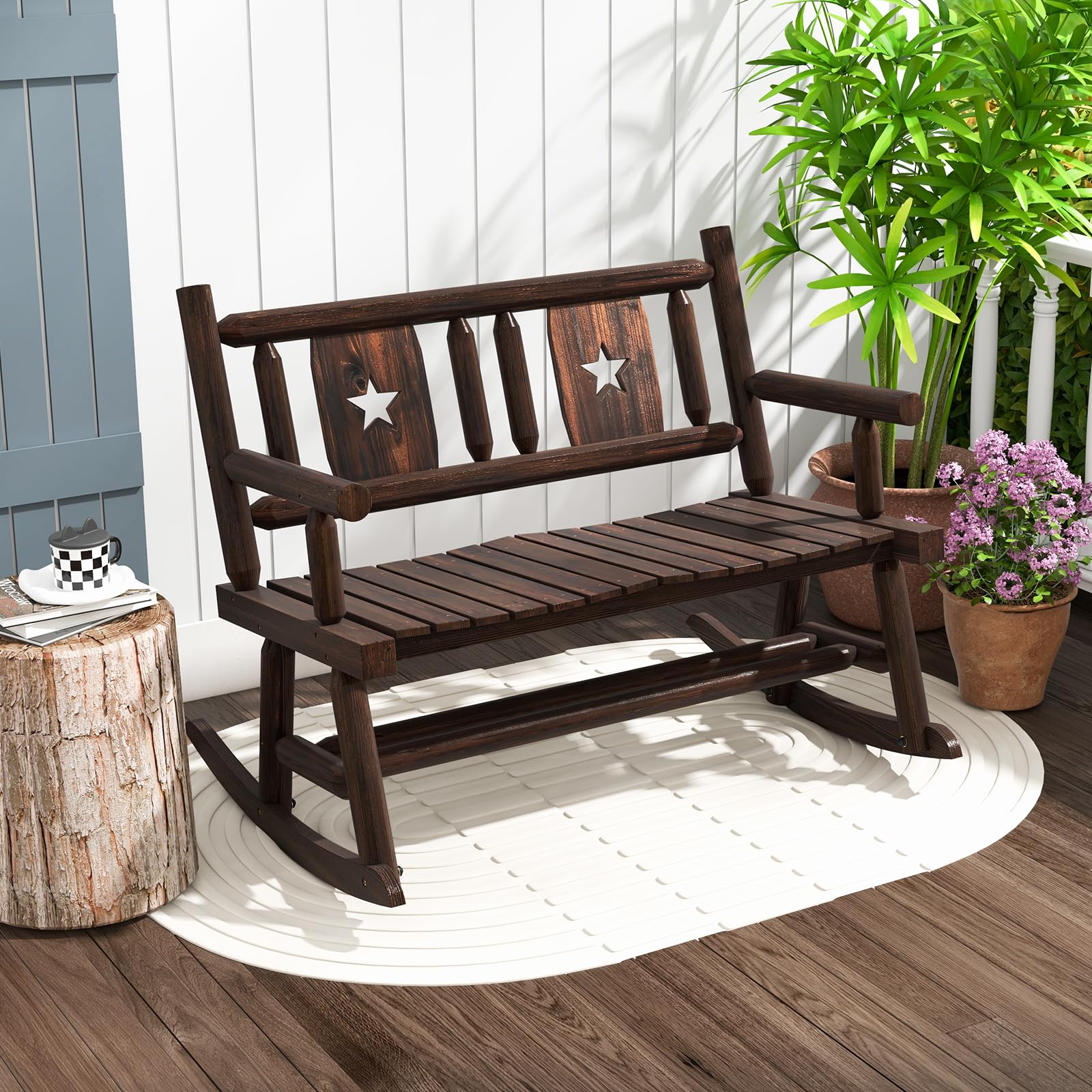 GOPLUS Banco Mecedora Exterior para 2 Personas, Mecedora Doble de Madera Carbonizada con Asiento Curvado, Balanceo de Porche para Jardín, Trasero y Carga 320 kg, Marrón rústico
