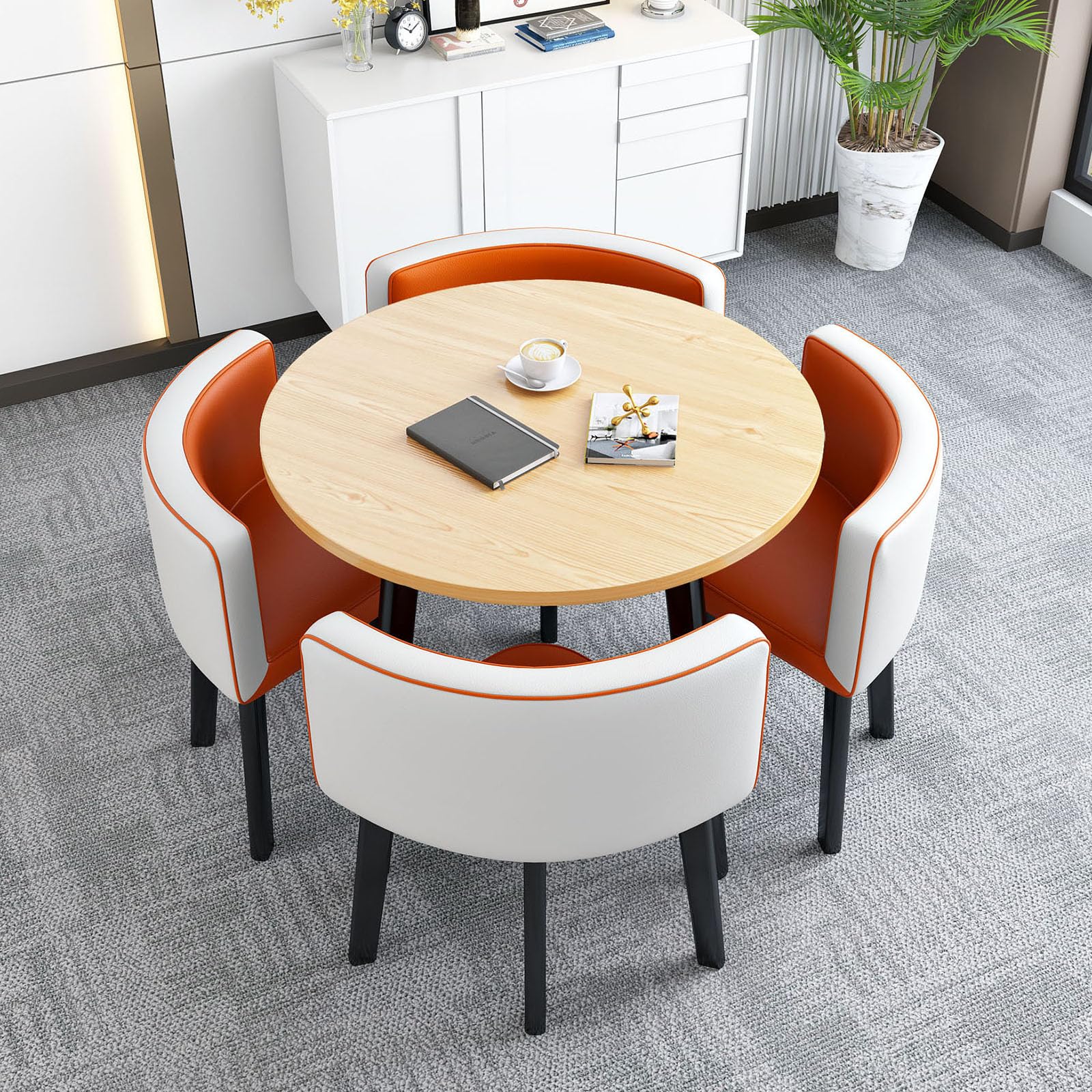 OCAZI Round Breakfast Bar Round Furniture Table and Chair Set Round Conference Table, 1 Table and 4 Chairs 5 Piece Set, Kitchen Dining Table Set for