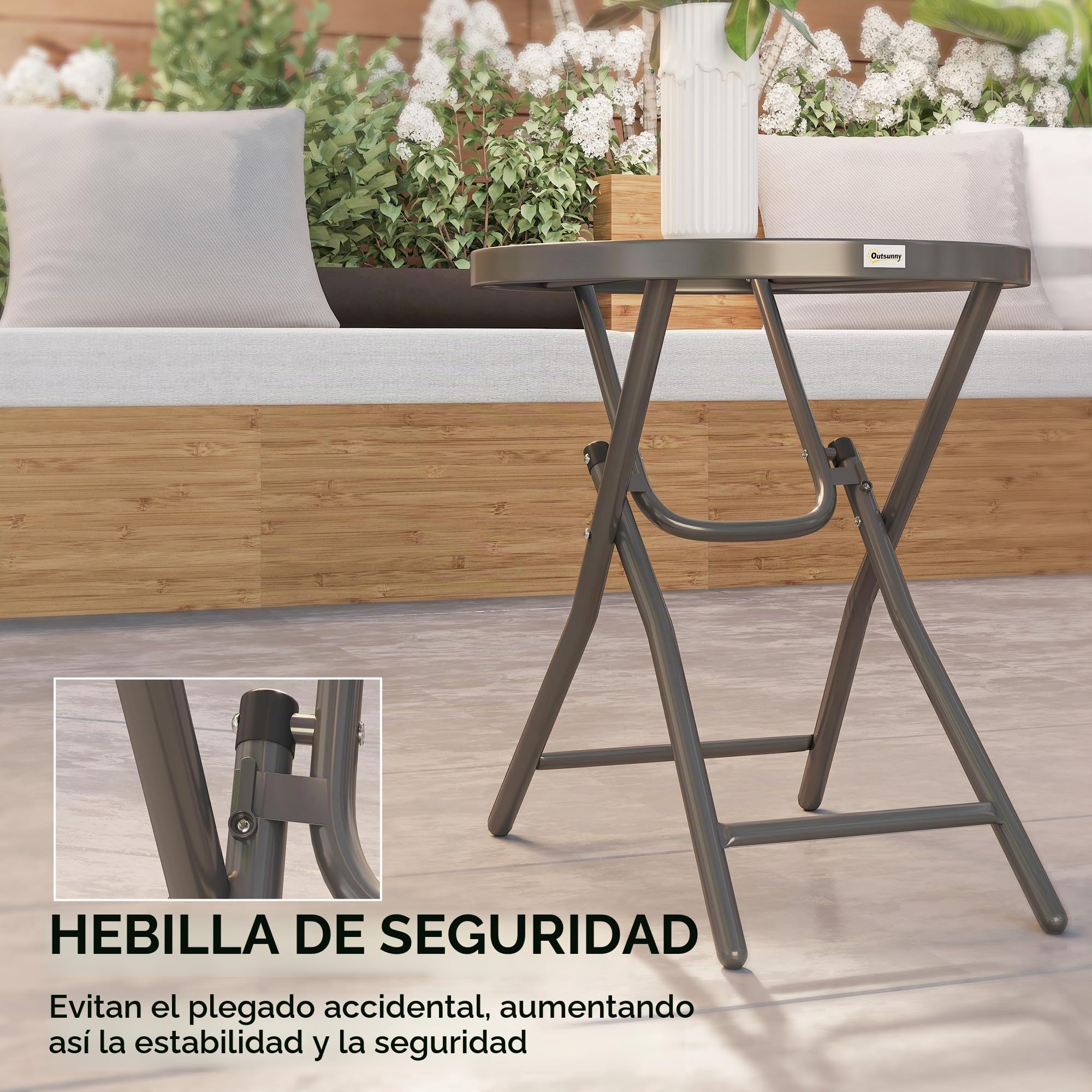 Outsunny - Mesa baja redonda para jardín, diámetro 60 x 50 cm, plegable, metal, color negro
