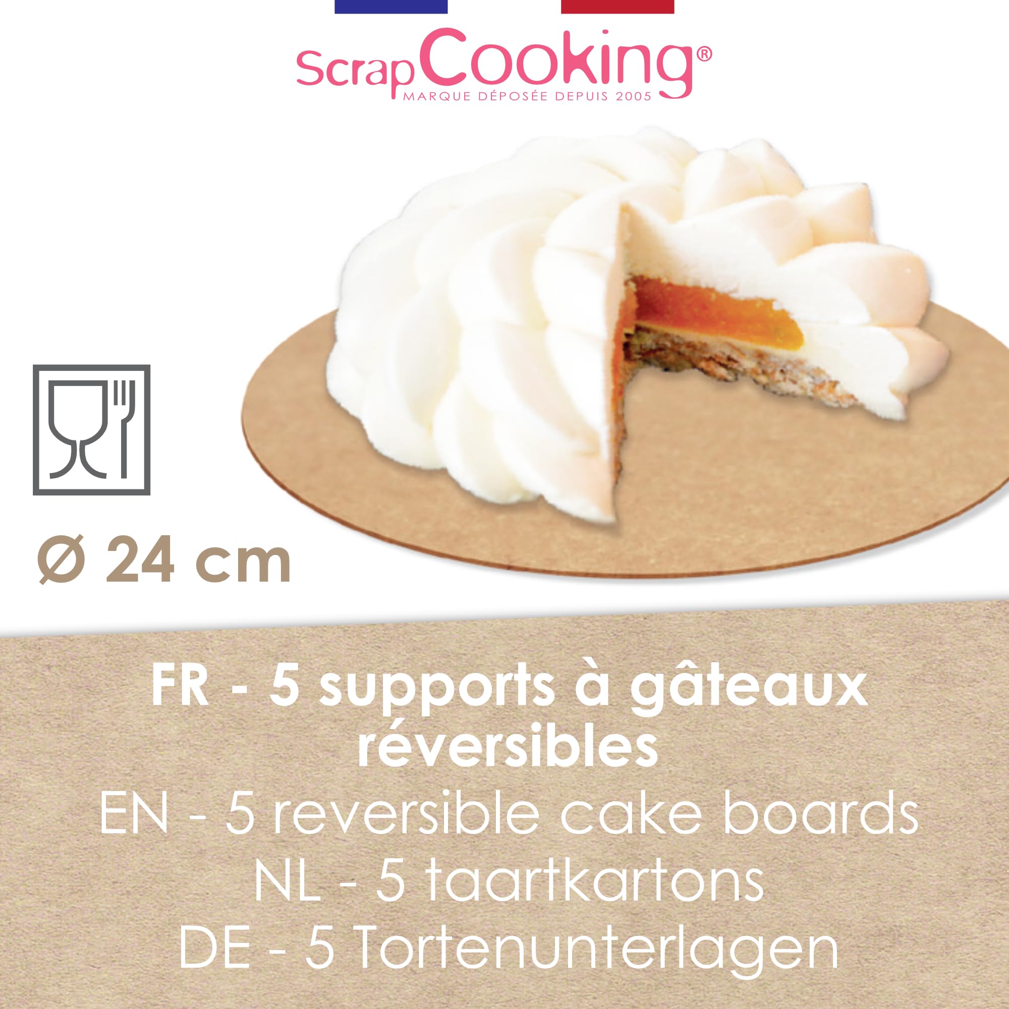 SCRAP COOKING 5 okrągłych stojaków na torty Ø 24 cm - Dwustronny karton Kraft & Biały - Wkładki do ciast - Tarcza do ciast - Wyprodukowano we Francji - 5222