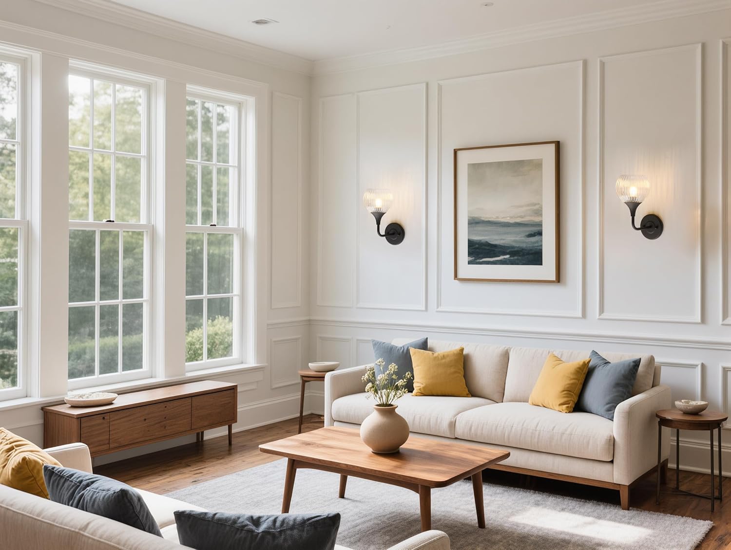 Phansthy Hardwired Modern Wall Sconces, Retro Industrial Wall Lamps, Bathroom Vanity Sconces Wall Lighting with Striped Glass Shade for Bedroom Living Room Corridor Kitchen (Black + Clear Shade)