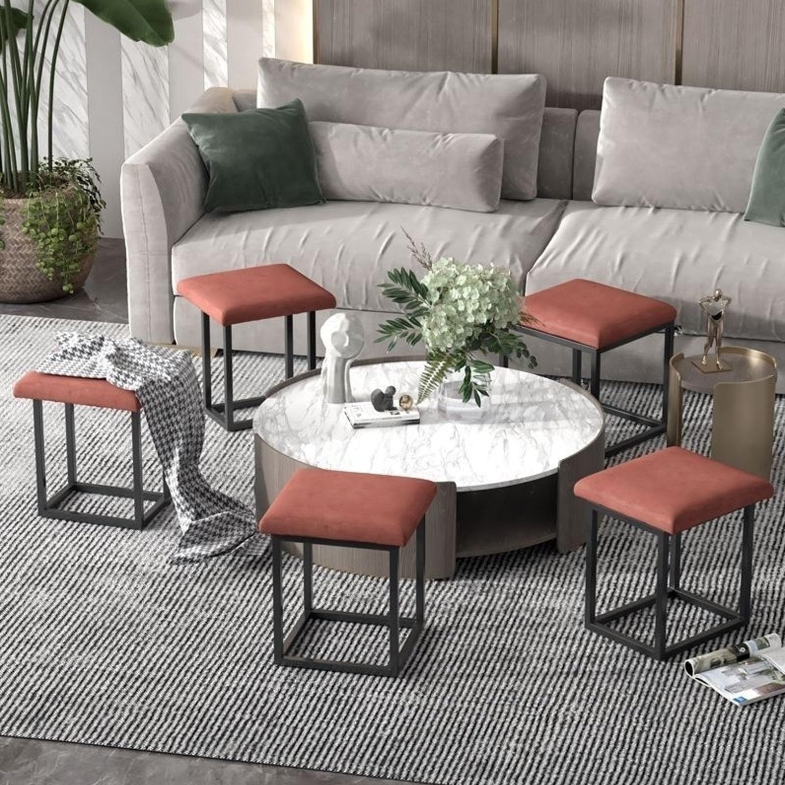 Sgabello 5 in 1, impilabile, per interni, salvaspazio, elegante e multifunzione (D, 45 x 45 cm)