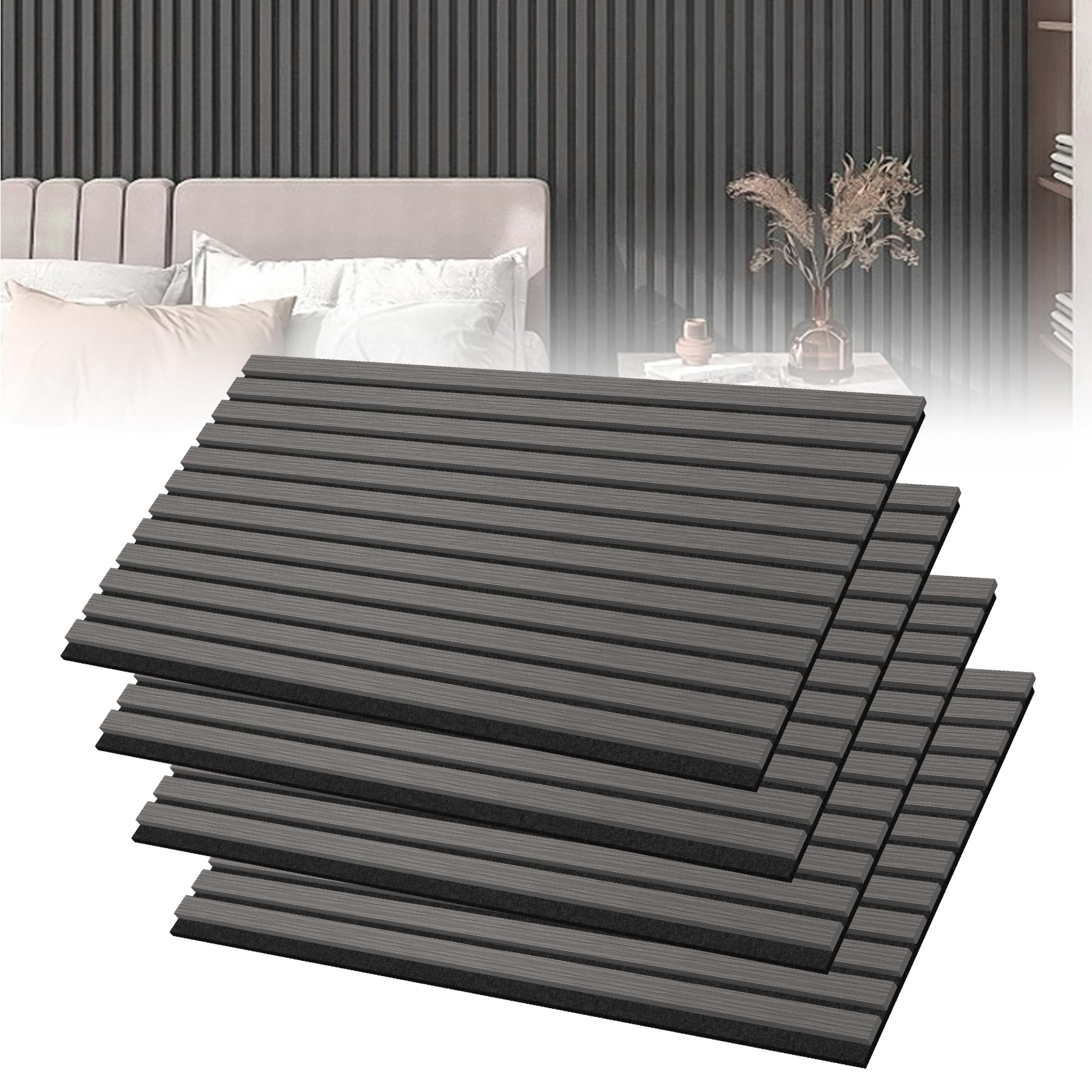 Froadp Juego de 4 paneles acústicos de pared de chapa de madera, 120 x 60 cm, revestimiento de láminas recortables, paneles acústicos de madera para salón, estudio, oficina, antracita