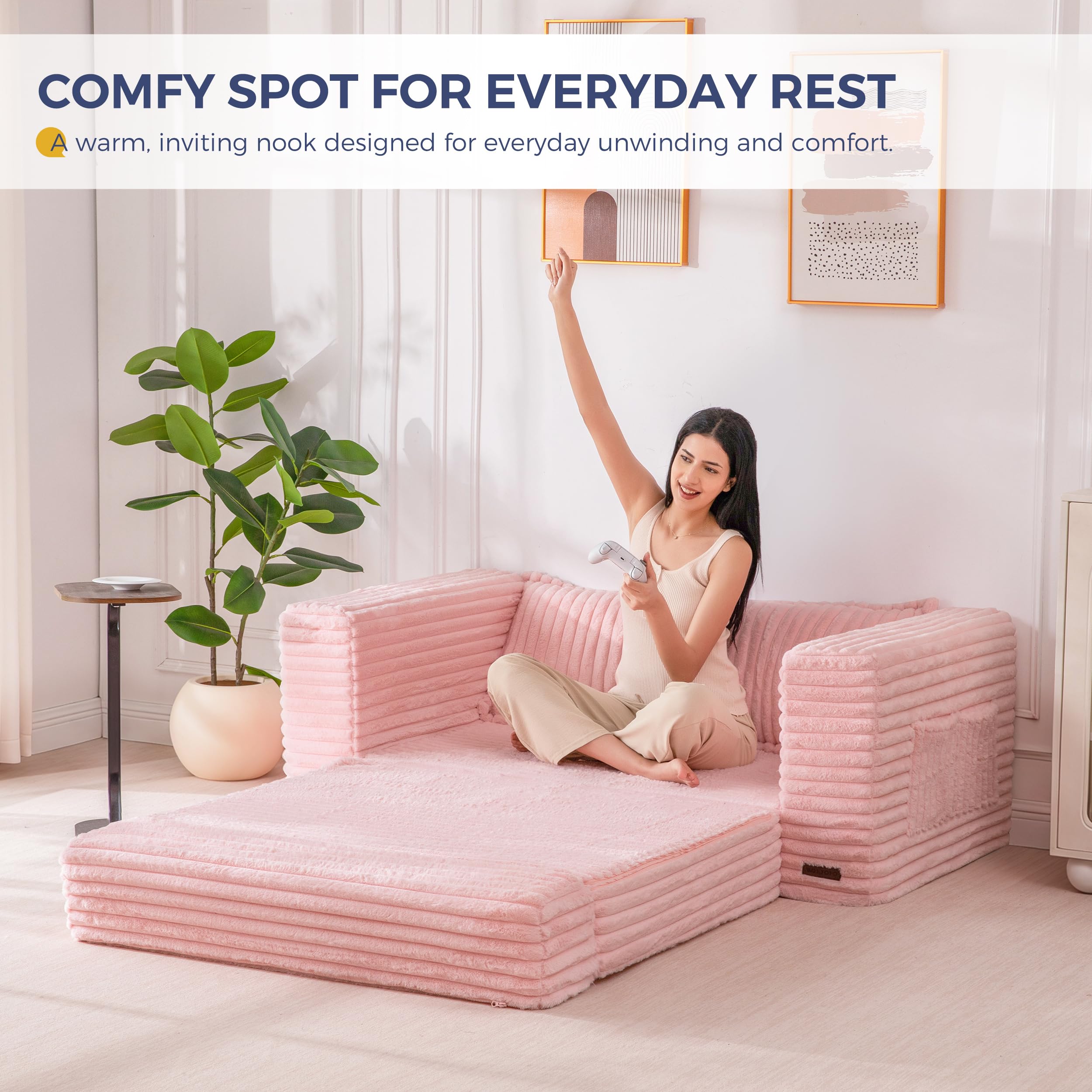 MAXYOYO Convertible Sofa Bed, Pull-Out Loveseat Couch Bed for Small Space | 2 in 1 Folding Couch Bed with Large Back Pillow, Plush Faux Fabric Lounge Couch for Living Room, Apartment, Pink