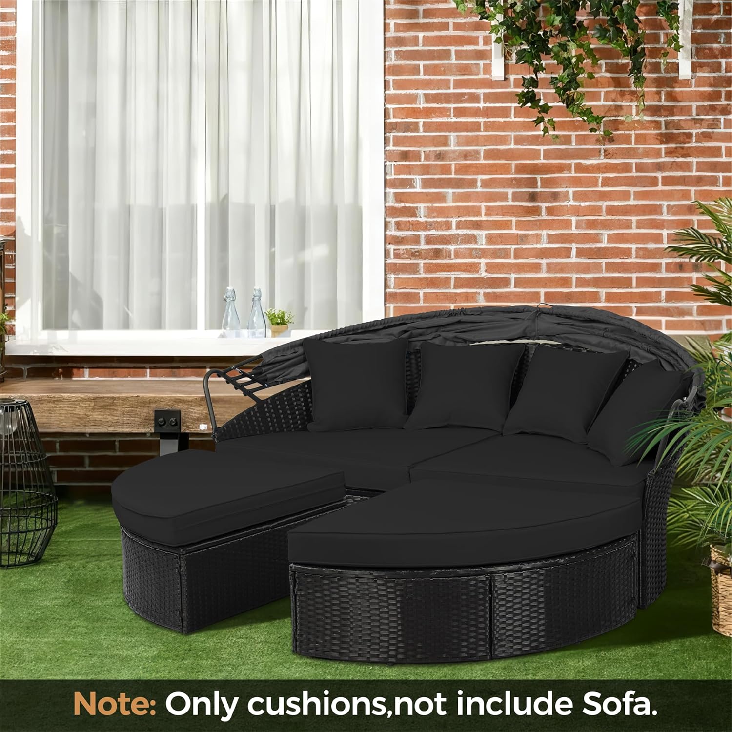 Crownland 66-Inch Outdoor Patio Canopy Bed Round Daybed Replacement Cushions, 4-Piece Clamshell Sectional Seating Wicker Furniture Replacement Cushion Set with 4 Pillows(Black)