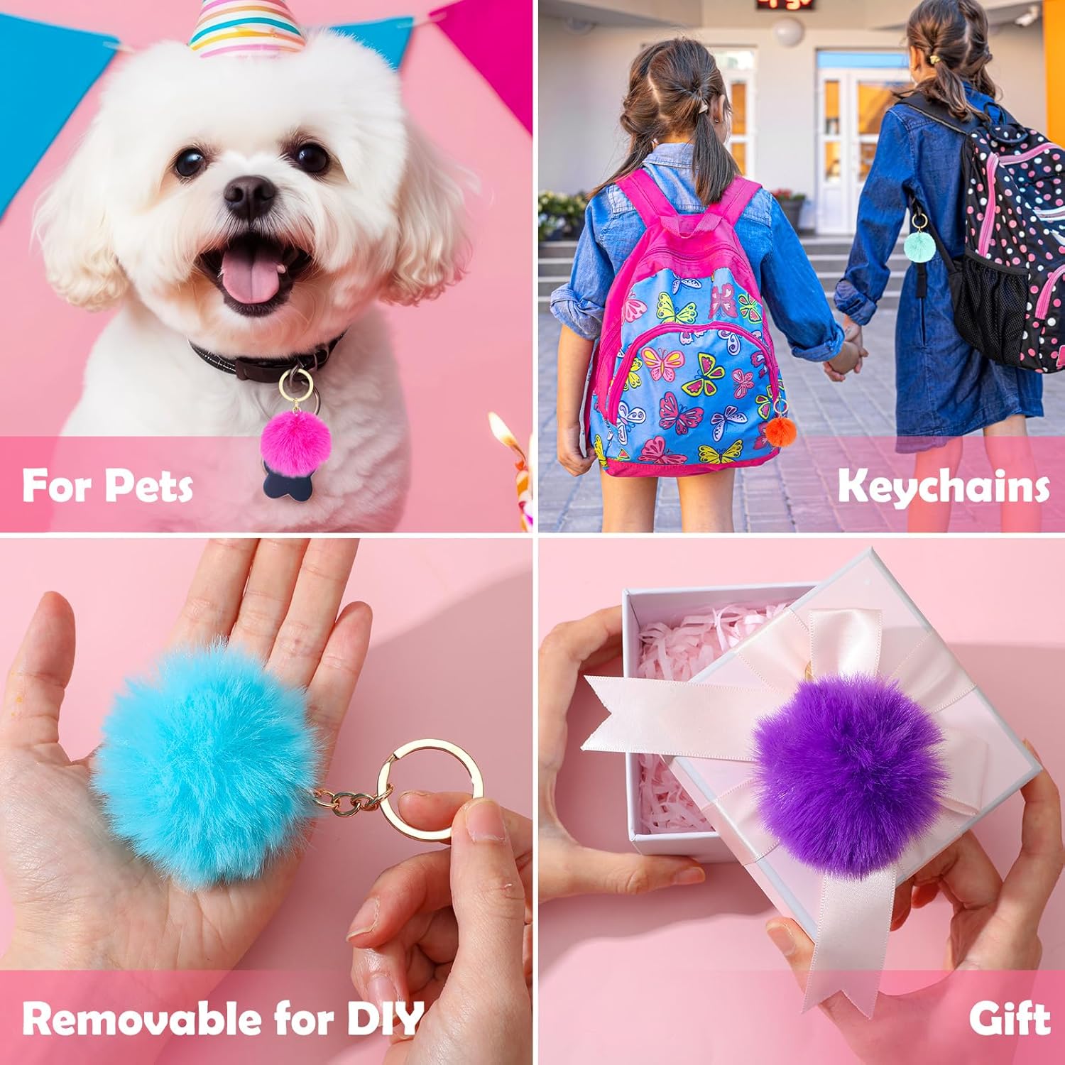 100 Pcs Colorful Pom Poms Keychain Bulk Fuzzy Ball Keychains Pompoms Keyring for Girls Women DIY Thank You Gifts(2.4 Inch) - Image 5