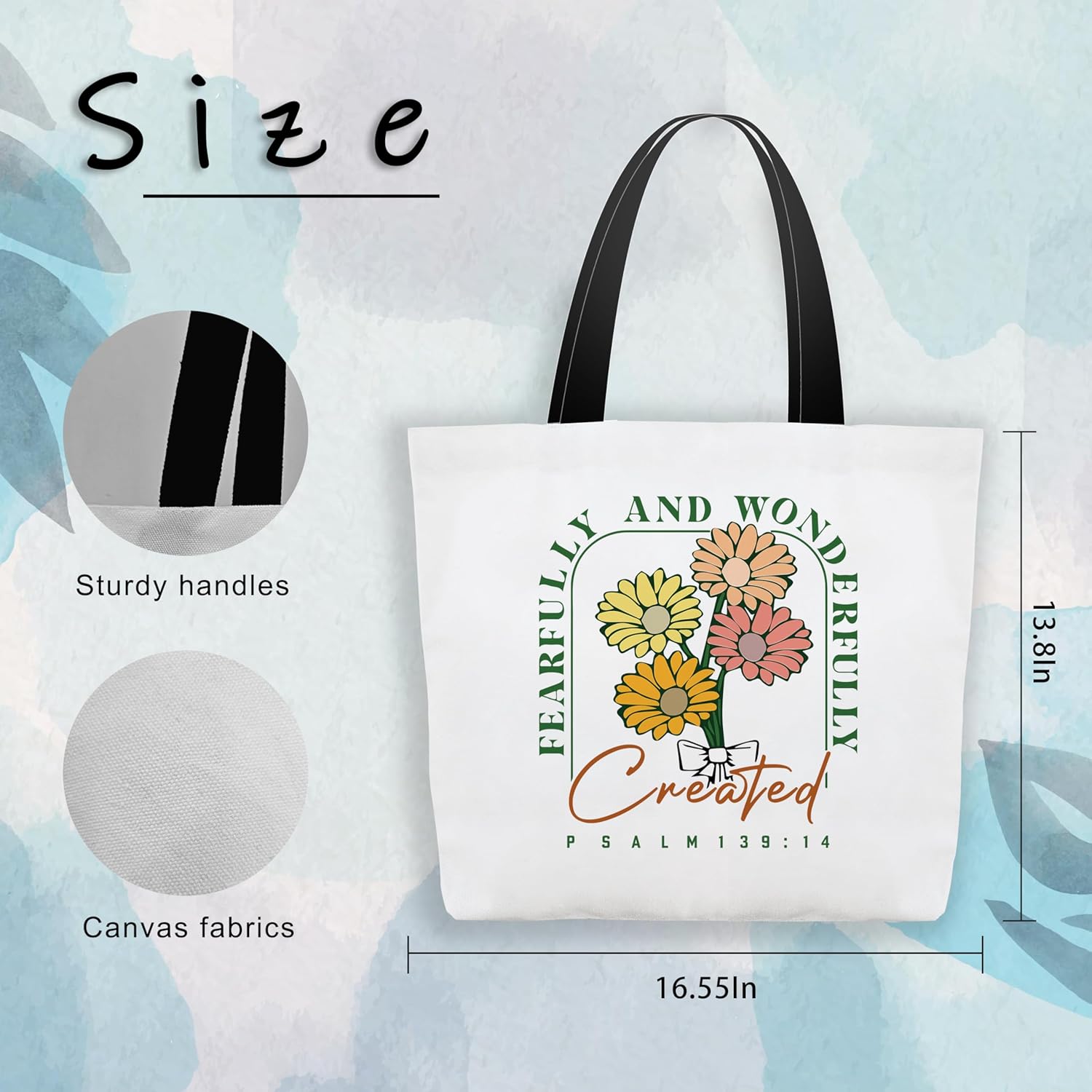 Christian Canvas Tote Bag For Women, Fearfully and Wonderfully Created Shoulder Bag, Inspirational Gifts For Friends Colleagues, Religious Shopping Bags, Floral Grocery Bag For Work Travel Church -43 - Image 4