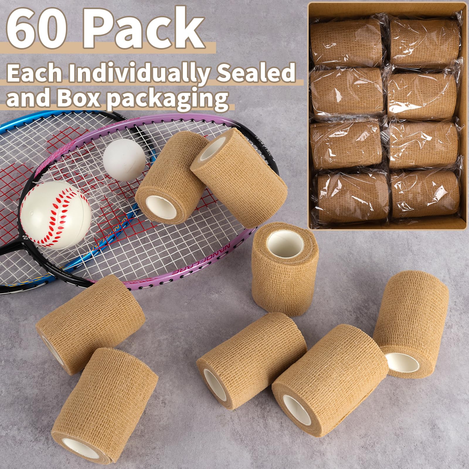 60 Pack Skin Self Adhesive Bandage Wrap Bulk 3 Inch x 5 Yards Cohesive Bandage,Vet Wrap Breathable Elastic Self-Adherent Tape for Stretch Athletic Sports Wrist Ankle Dogs Pet Vet Wrap