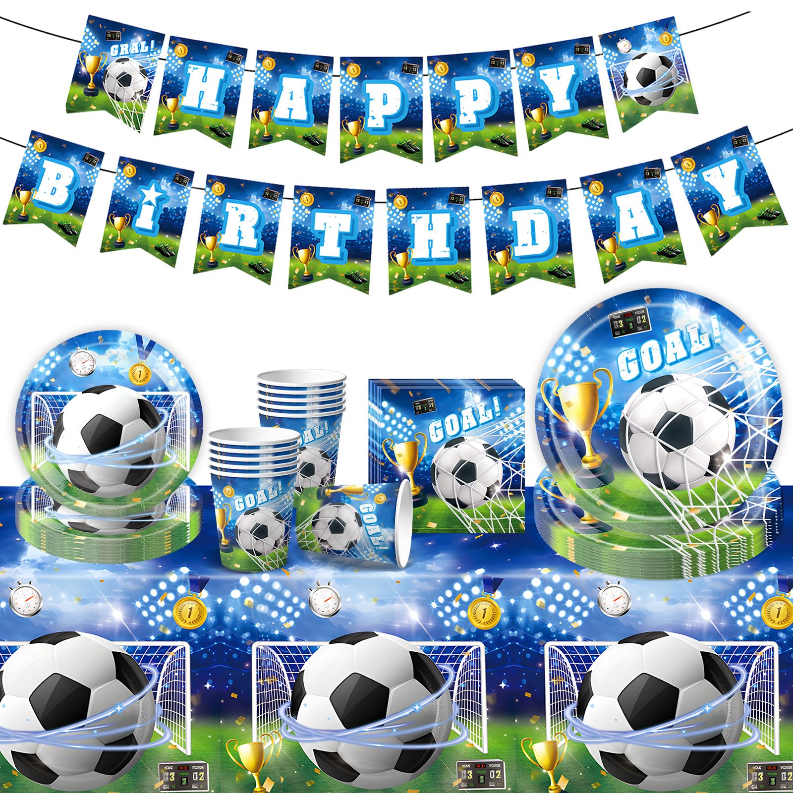 52PCS Football Party Tableware Set, Football Lovers Party Decorations Includes Happy Birthday Banner, Soccer Plates, Cups, Napkins Tablecloth, Birthday Supplies Disposable Dinnerware for 10 Person