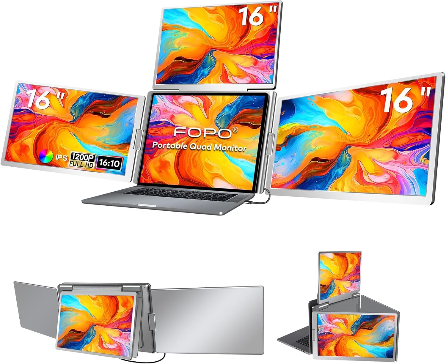 FOPO 16″ Laptop Screen Extender Monitor Portable, Quad Monitor, Just 1 Cable for…