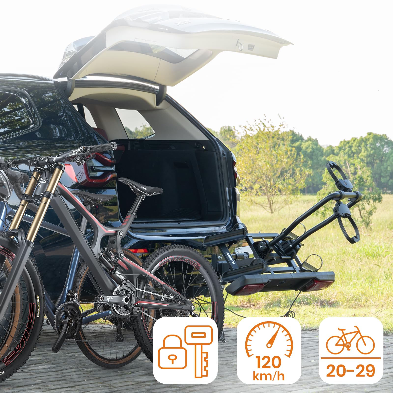 Favoto Bagażnik rowerowy na 2 rowery – składany bagażnik rowerowy z ochroną przed kradzieżą i tylnym światłem, pasuje do rowerów górskich 20-29" i rowerów wyścigowych, maks. 40 kg