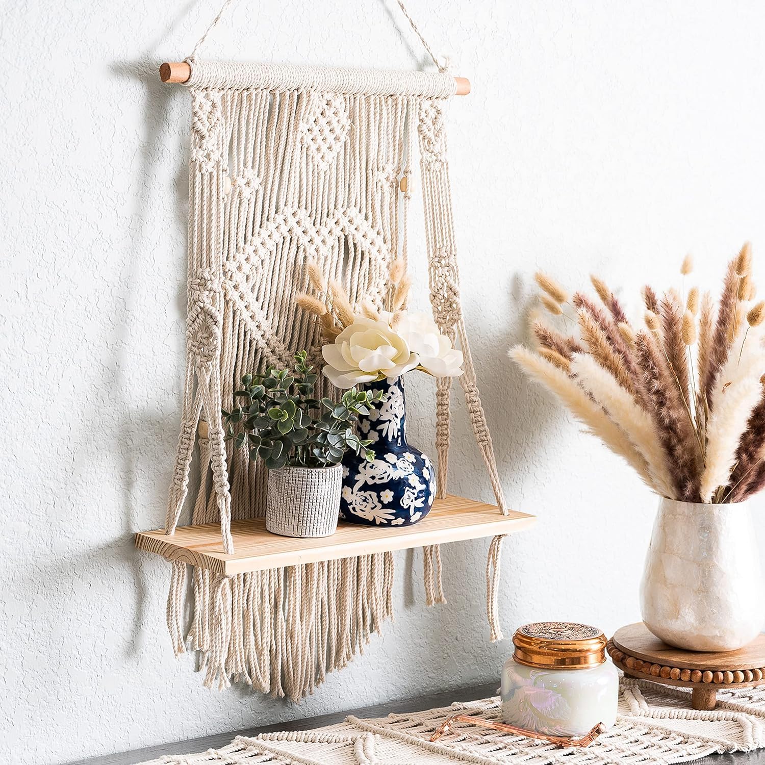 Love N Beyond Macrame Indoor Wall Hanging Floating Shelves for Wall Decor With Real Pine Wood Dowel Hand Woven Bohemian Decor for Apartment Dorm Bedroom Living Room Nursery Beige 60 x 30cm (Victorian)