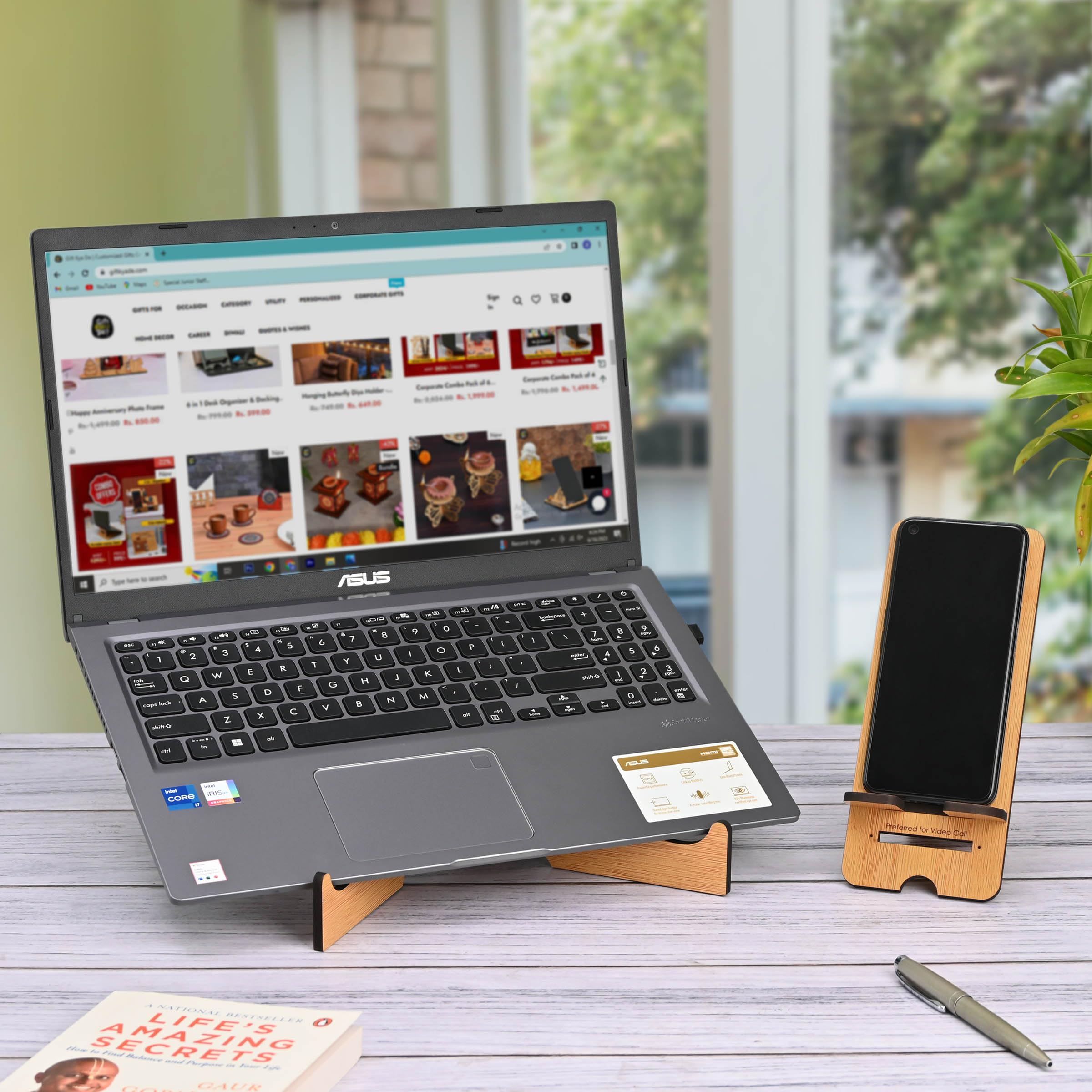 Gift Kya De GKD Portable Laptop Stand with Mobile Stand for Desk Easy to Carry Unique Design Cross Laptop Docking Station Compatible with MacBook dell xps hp Lenovo Ergonomic Design