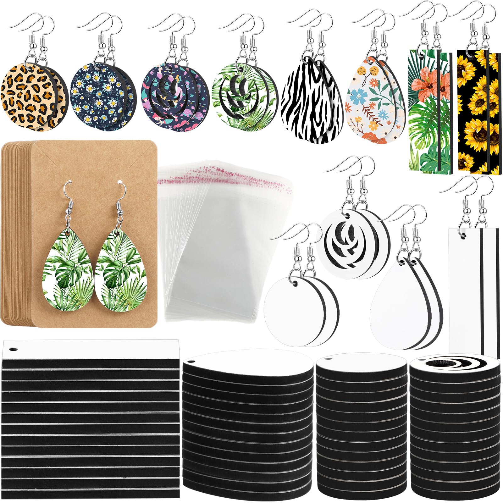 Riceshoot 400 Pieces Sublimation Earring Blanks Bulk with Hooks, Jump Rings, Ear Plugs, Cards Holder and Transparent Packaging Bags Unfinished MDF Earrings for DIY Making