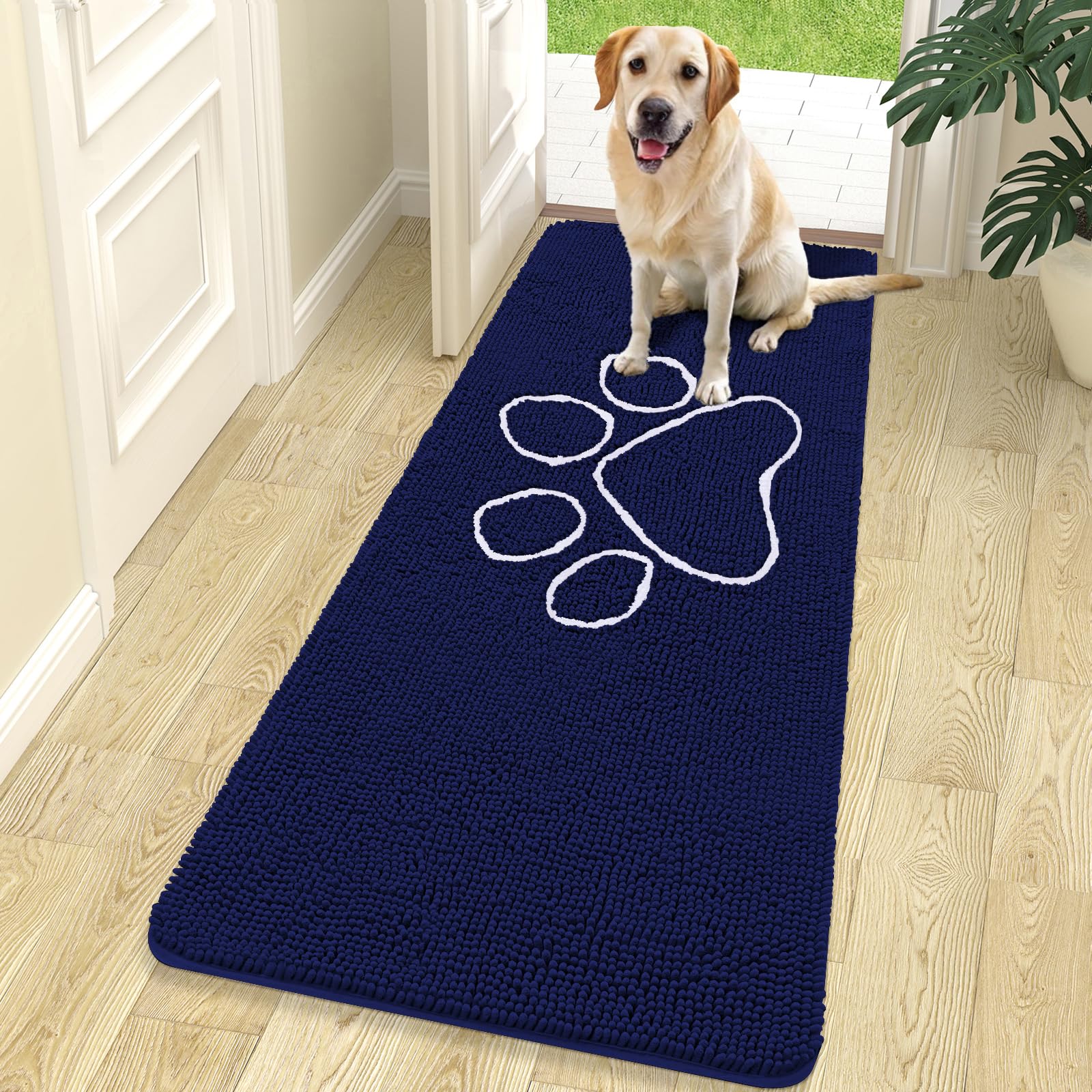 OLANLY Door Mat for Muddy Dog Paws 70x24, Ultra Absorbent Chenille Mud Doormat with Paw Print Design, Non-Slip Washable Doormat for Indoor Entryway, Quick-Dry Pet Bed Mats for Dirty Dogs, Navy Blue โ image 1