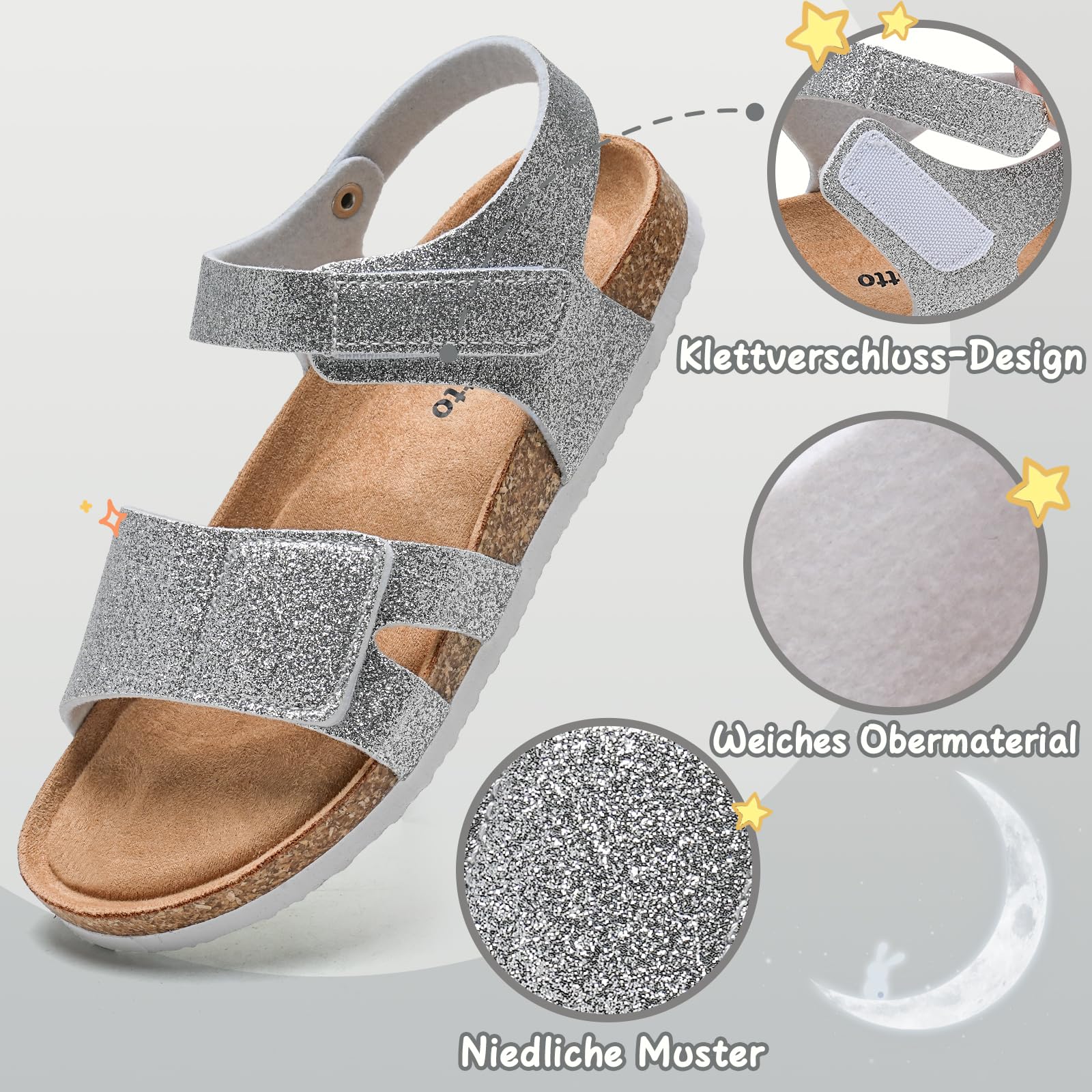 Torotto Sandalen Mädchen Jungen Mit Kork Sandals Kinder Pantoffeln Riemen Verstellbare Schnalle Rutschfeste Mit Klettverschluss Sandaletten für Drinnen und Draußen(Silberner Glitter, 33EU)
