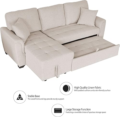 Miniatura 5 de FUQIAOTEC Sofá cama tapizado de lino beige con diván reversible y espacio para dormir extraíble diseño copetudo y simple combina sofá cama con