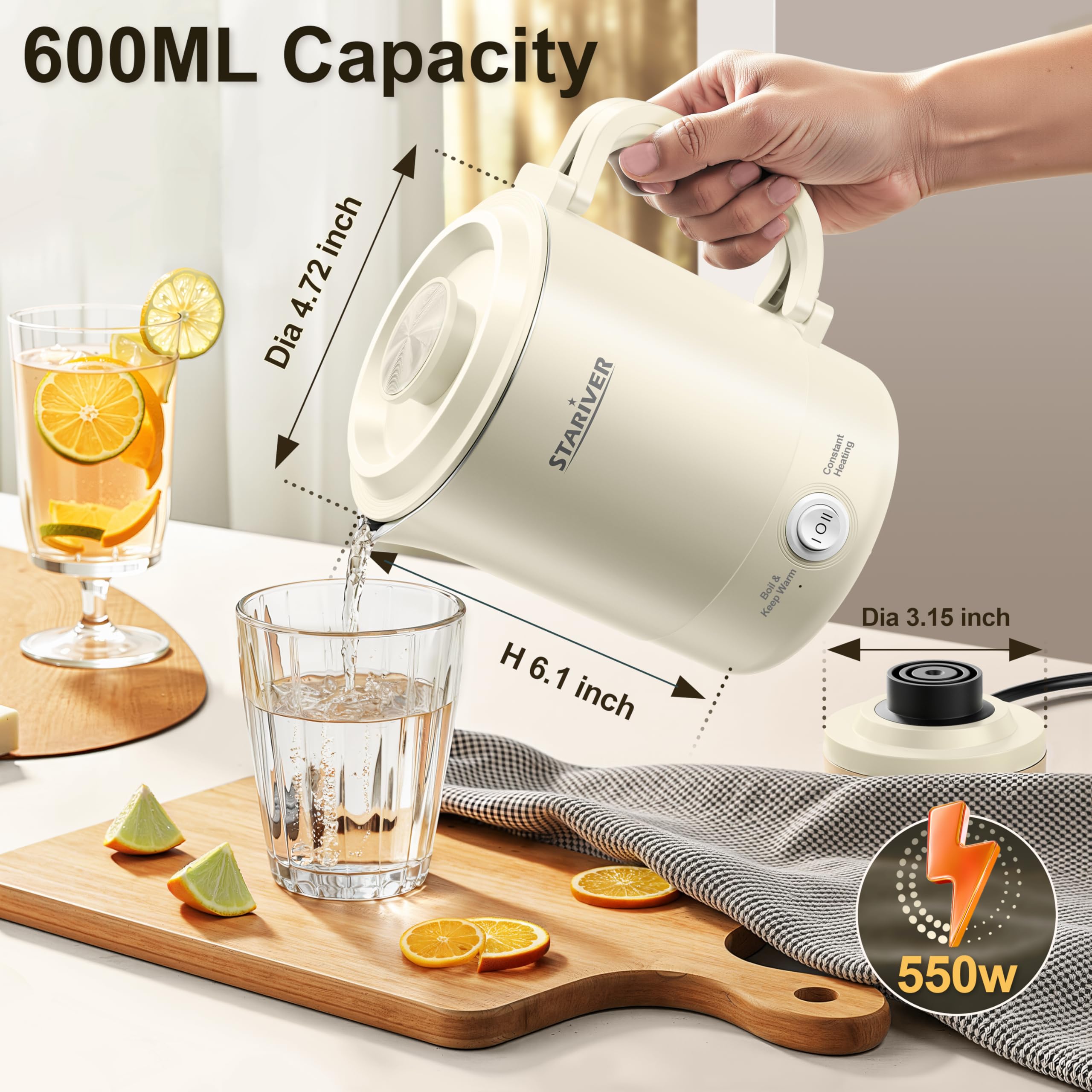 Hervidor de viaje portátil, hervidor eléctrico pequeño de 20.3 fl oz con mango plegable, caldera de agua plegable de acero inoxidable de grado alimenticio con dos modos, compacta para RV 3
