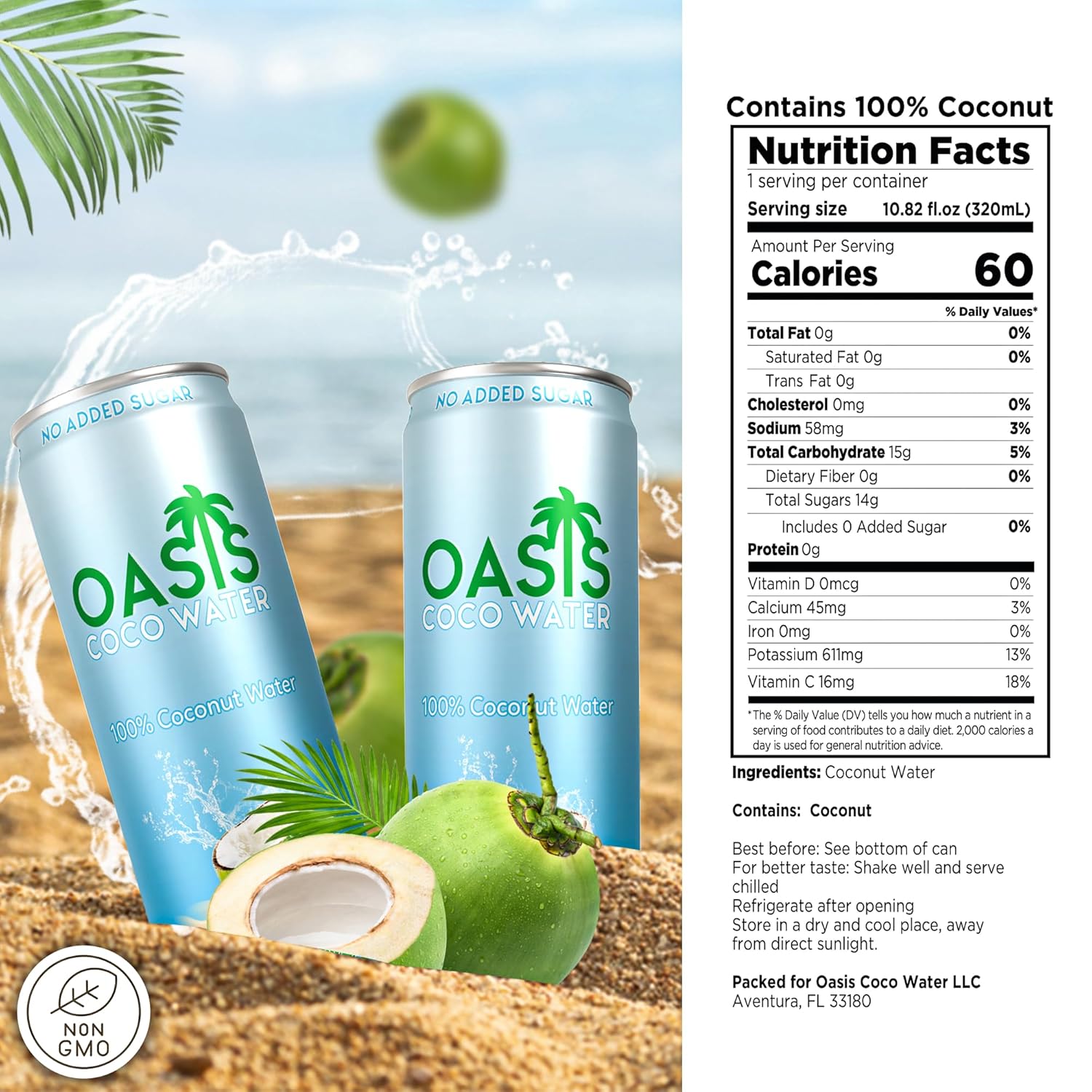 Oasis Coconut Water, 12 Pack, 100% Pure Coconut Water with Electrolytes, Natural Hydration Electrolyte Water Drink, Low Calorie, No Sugar Added, No Artificial Ingredients or Preservatives, 320 ml Cans - Image 2