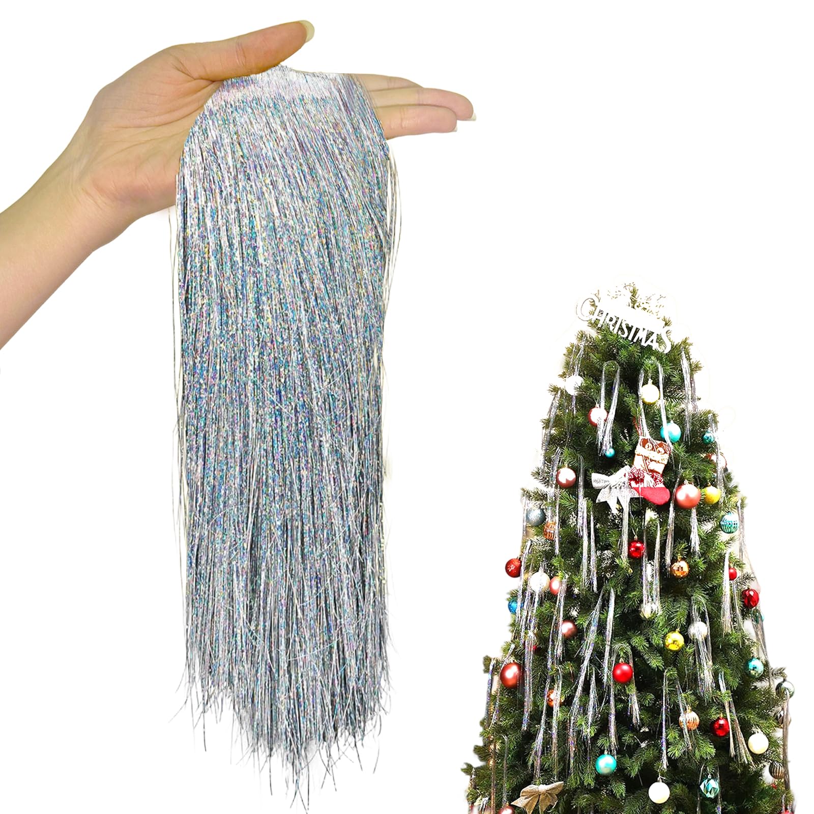AUXHCYL 3000 Christmas Tinsel Strands,Silver Tinsel,Angel Hair Tinsel for Xmas Decor,Lametta for Holiday Christmas Tree Decorations