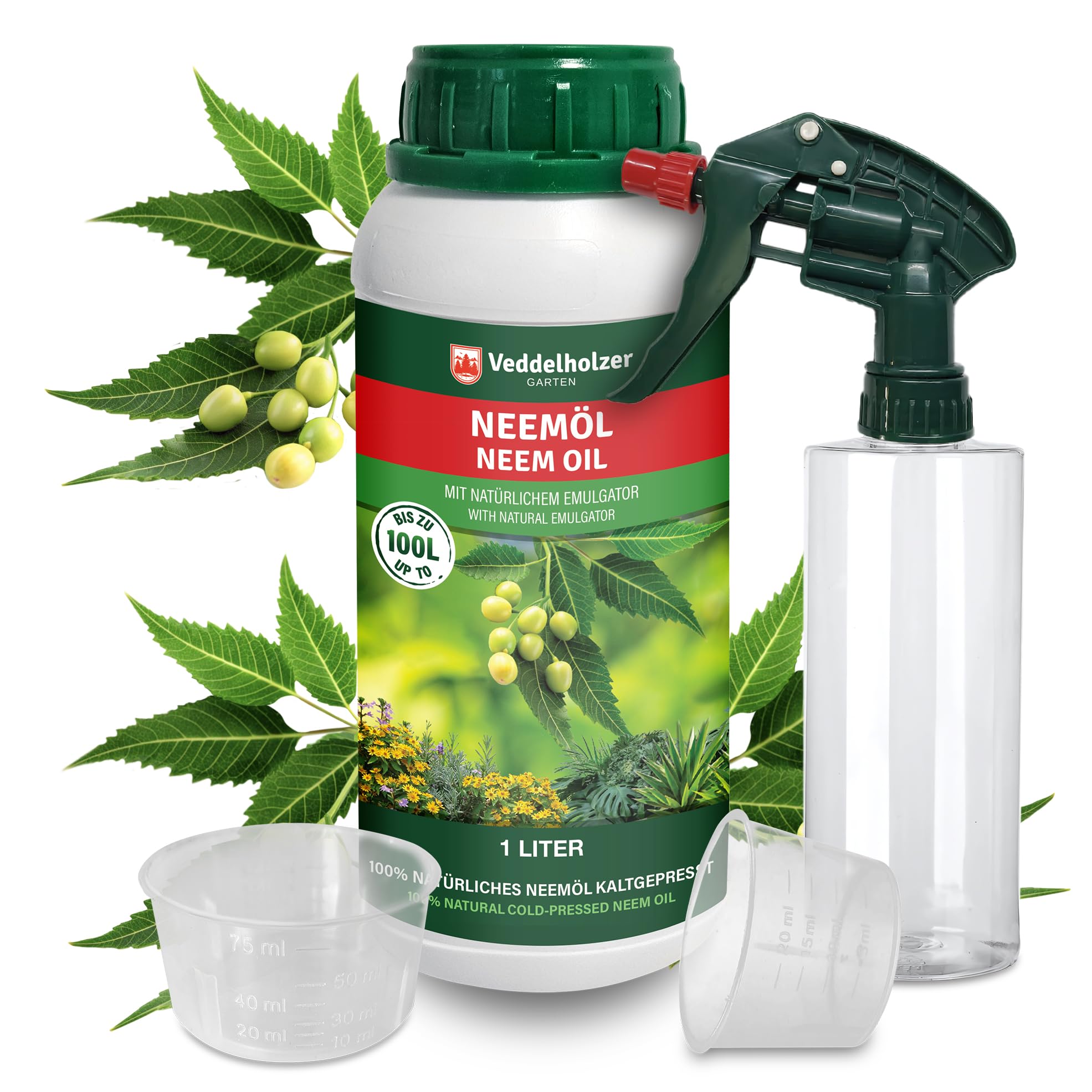 Veddelholzer 1000 ml Premium kaltgepresstes 100% natürliches Neemöl Komplett Set mit natürlichem Emulgator + Sprühflasche 500 ml & 2 Messbecher natürliche Pflanzenpflege für drinnen & draußen