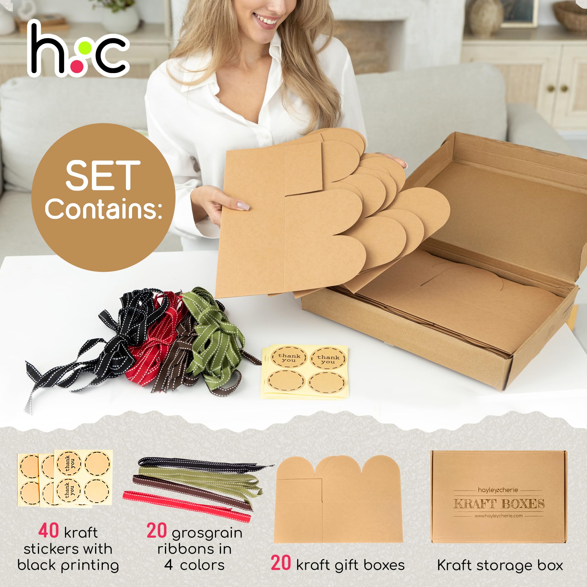 Cajas de galletas grandes de papel kraft marrón para regalar (paquete de 20) cajas de regalo de cartón de 9 x 5.5 pulgadas con cintas y calcomanía para productos horneados, pequeñas cajas de dulces