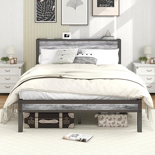 Miniatura 1 de Base de cama de tamaño matrimonial con cabecera de almacenamiento de madera, marcos de cama de plataforma de metal, no necesita somier, sin ruido,