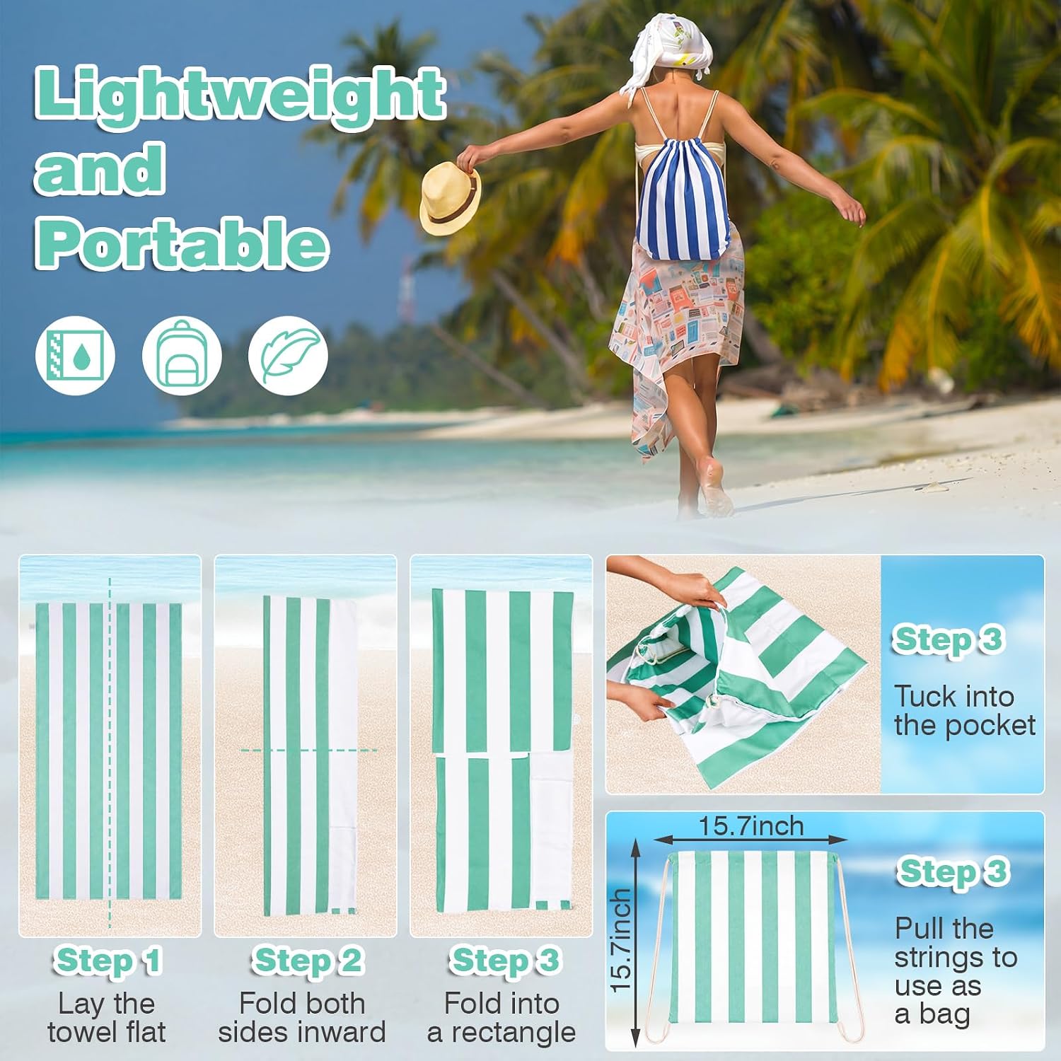 2 Pcs 2-in-1 Stripe Beach Towel Backpack, 31.5 x 63 Foldable Lightweight Microfiber Towel Bag Quick Dry Sand-Resistant Towels for Pool Camping Yoga Travel (Dark Blue,Green)