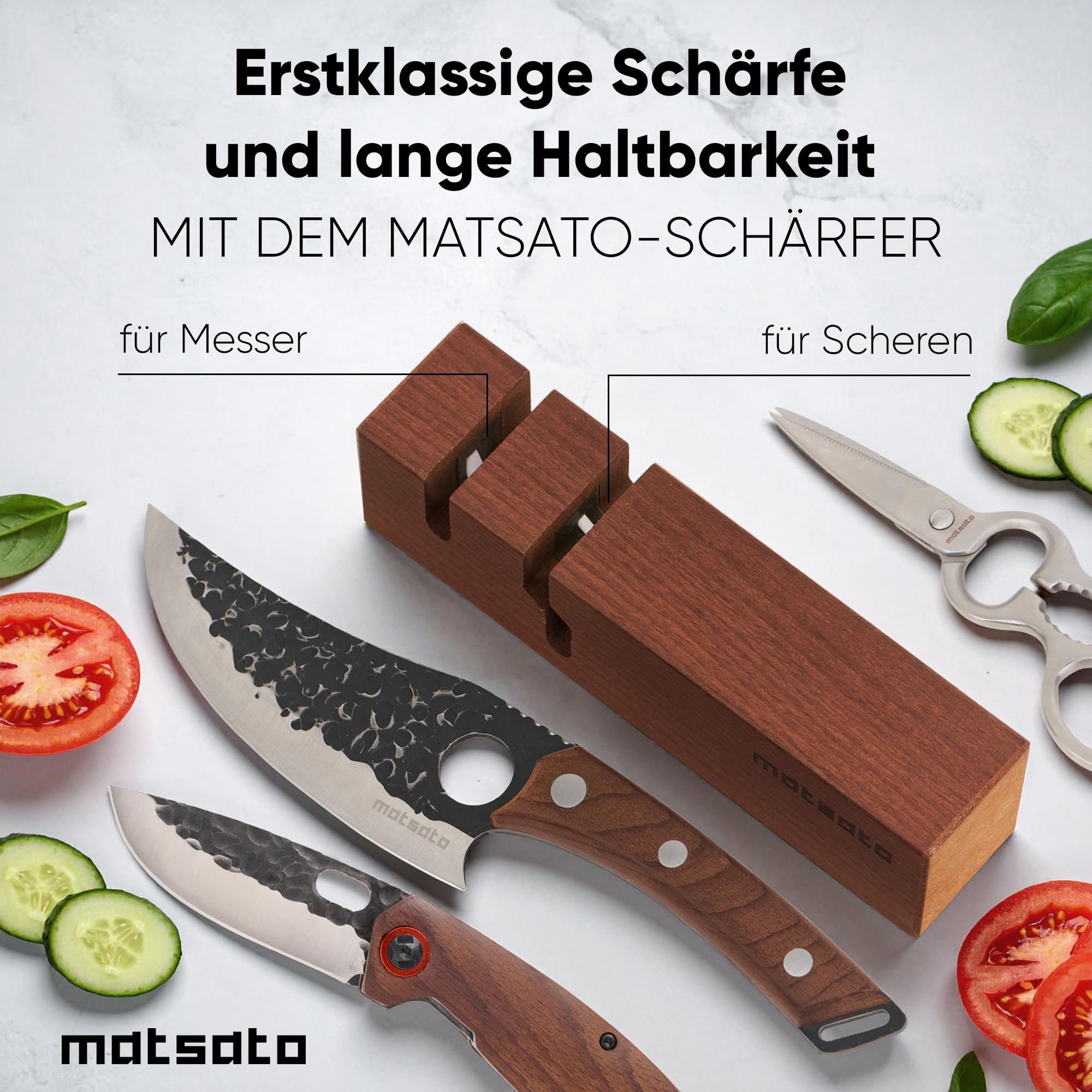 Matsato Messerschärfer 2-in-1 – Schärfgerät für Küchenmesser & Scheren, Keramik-Schleifstäbe, Buchenholz, Knife Sharpener
