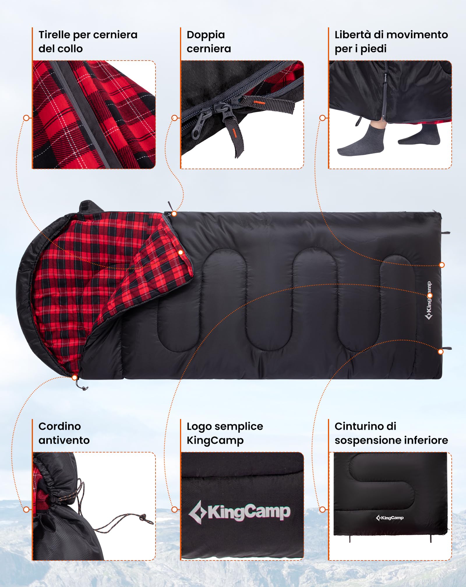 KingCamp Sacco a Pelo Invernale,4 Stagioni,Adulti XL in Flanella Cotone 230 x 90 cm,Caldo, Portatile Leggero Sacchi Pelo Campeggio all'aperto