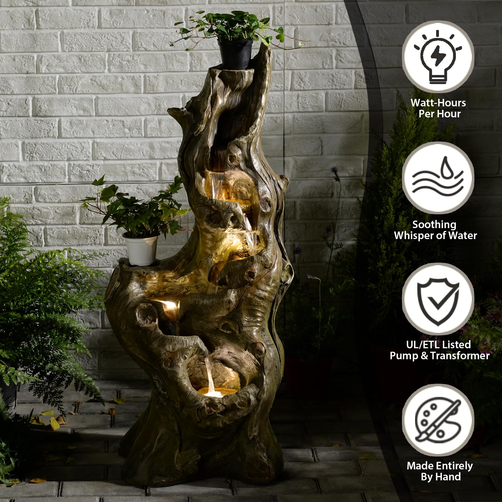 Bumilgar Caractéristiques d'eau de jardin 5 niveaux Grande cascade réaliste Tronc d'arbre naturel Fontaine extérieure en résine Imitation bois avec lumières LED pour jardin, patio, terrasse 101 CM