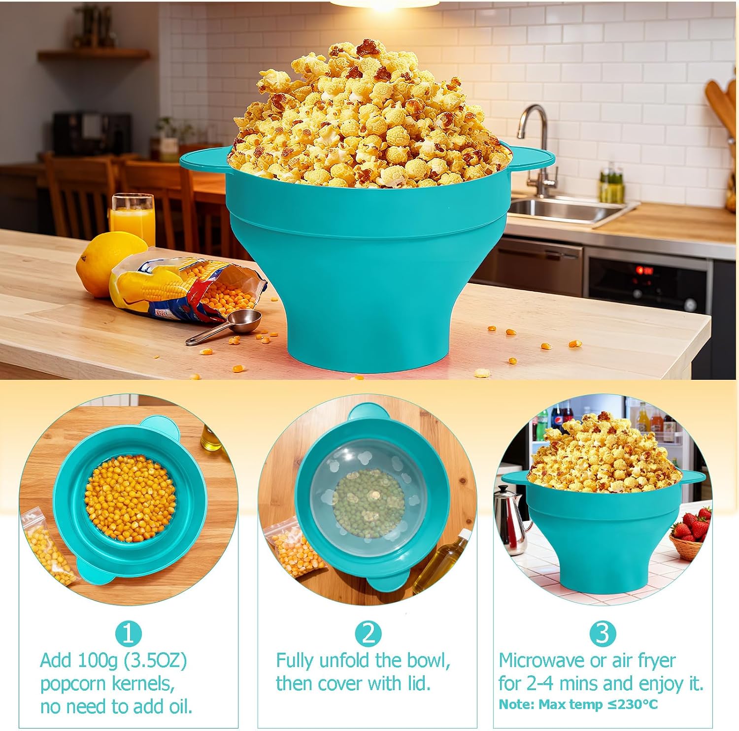 Microwave Popcorn Bowl with Handles: Silicone Popcorn Popper Reusable Collapsible Bowls, Heat-Resistant & Easy to Clean, 16 Cups Capacity - Cyan