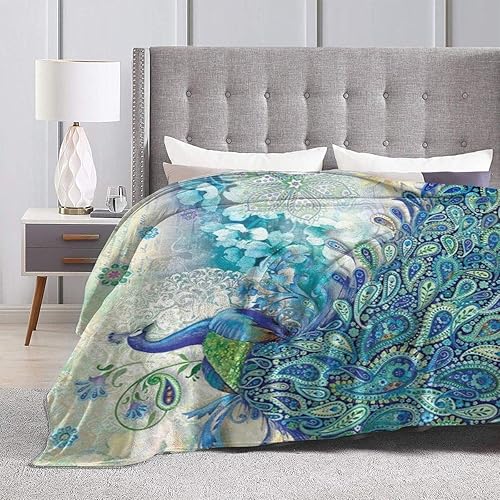 Miniatura 4 de Manta de franela botánica de pavo real y vintage, ultra suave, acogedora y cálida, manta ligera de microforro polar para el hogar (pavo real y