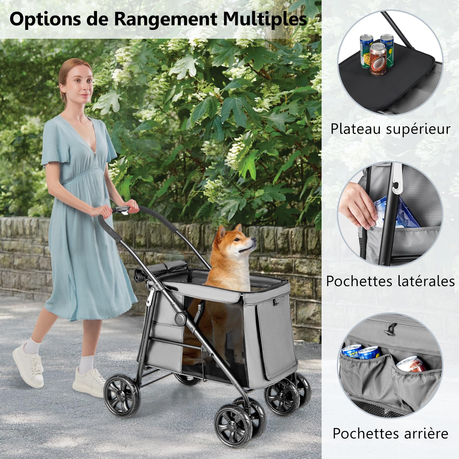 GYMAX Poussette Pliable pour Chien Chat, Transporteur pour Animaux de Compagnie avec 4 Roues et Frein & Portes Avant et Arrière & 3 Poches de Rangement, Charge 40 kg(Gris)