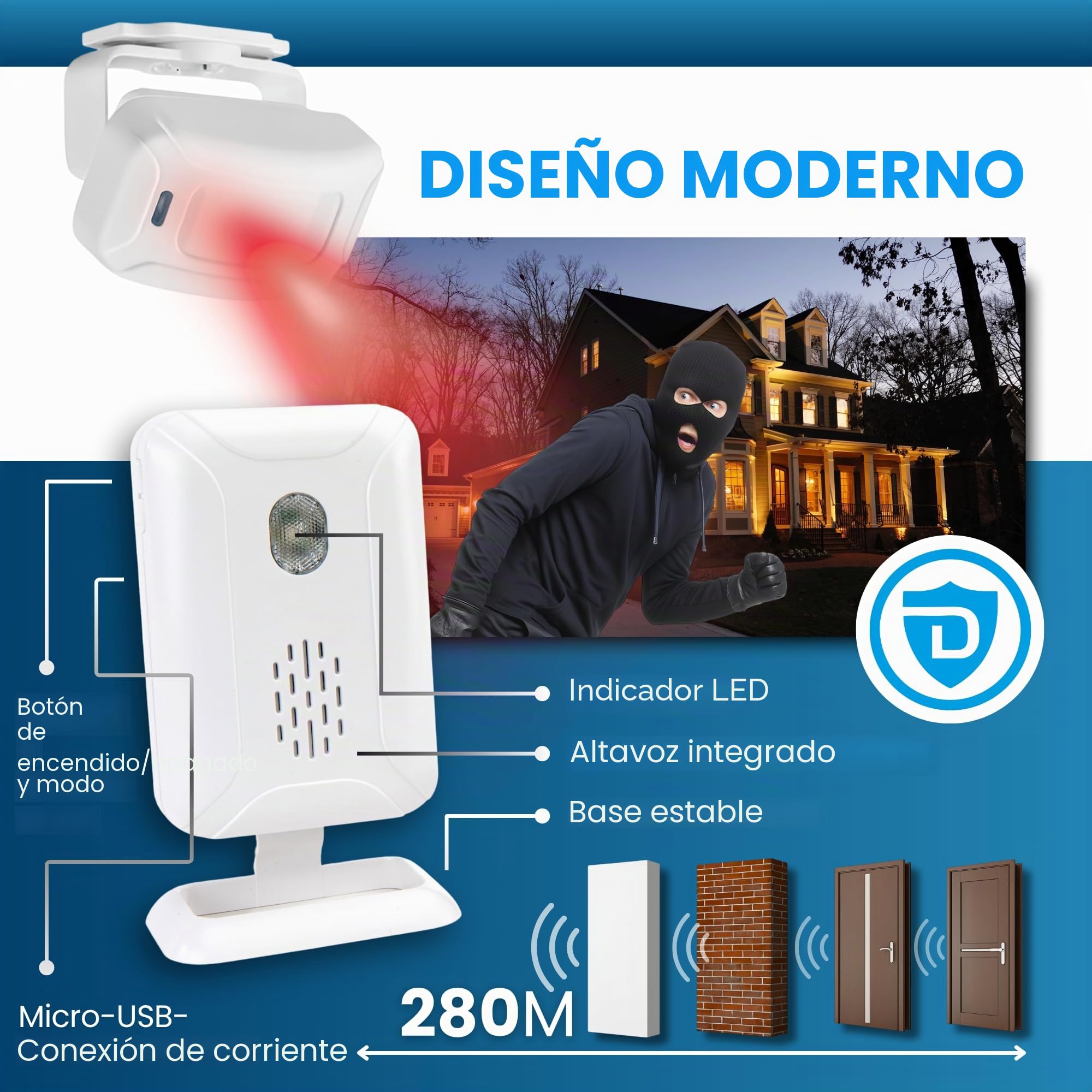 Timbre inalámbrico con sensor de movimiento, timbre de entrada de tienda con sensor, alerta de acceso Plug & Play para tiendas, oficinas, restaurantes, melodías de volumen ajustable, funciona