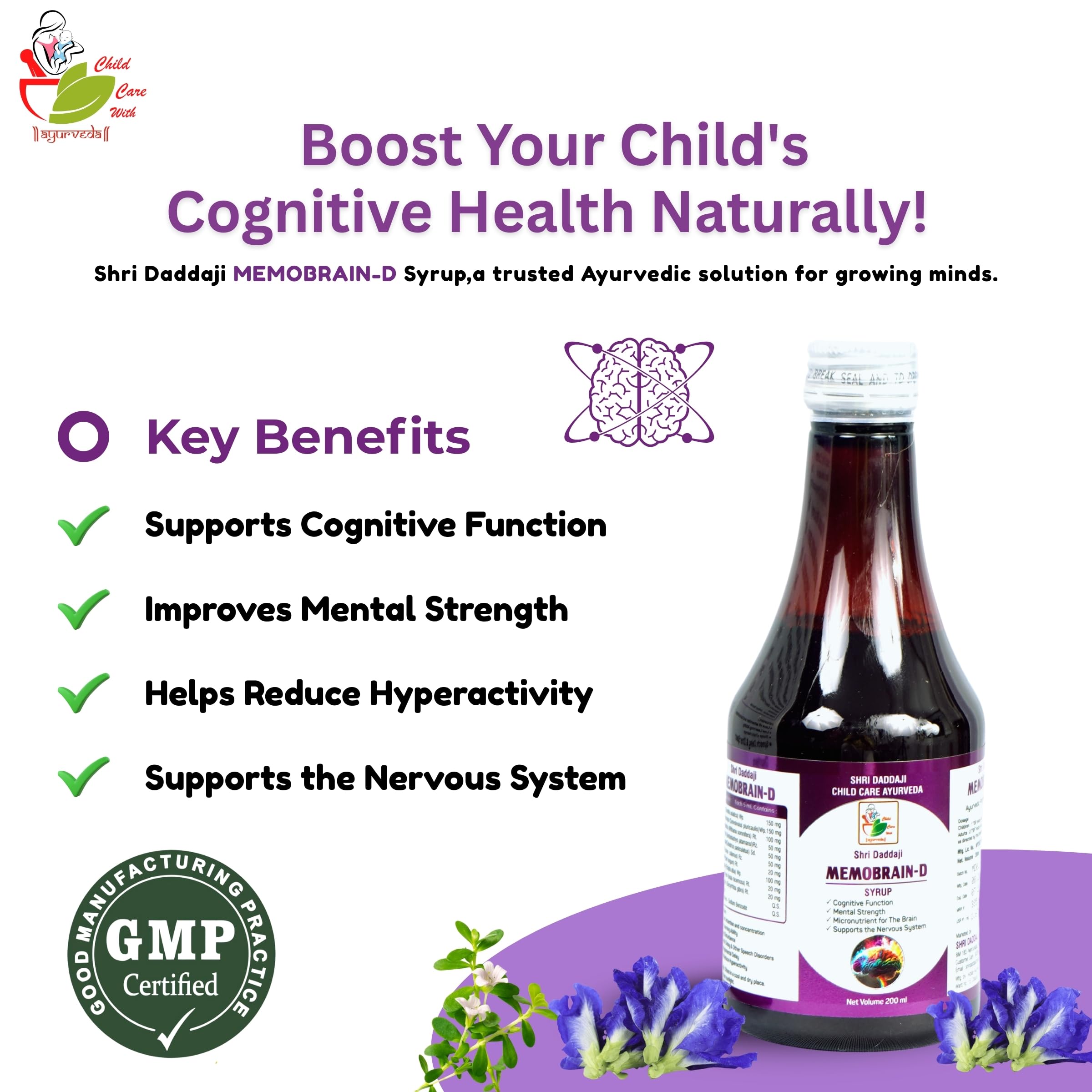 Shri Daddaji Memobrain-D Syrup 200ml | Ayurvedic Brain Tonic for Kids | Supports Cognitive Function, Mental Strength, Speech Delay, Concentration & Hyperactivity | Herbal Memory Booster - Image 5 thumbnail