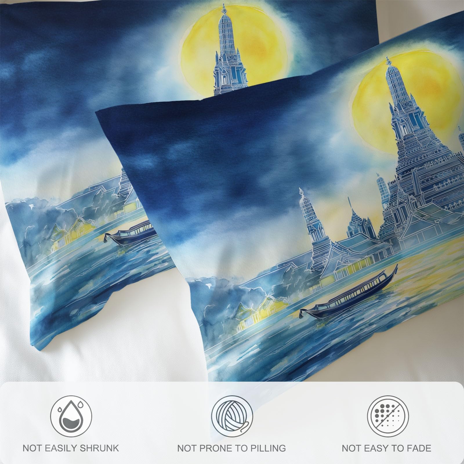 Generisch Traumhaft komplet pościeli architektonicznej, fantazyjny, motyw świątyni, księżyc, rzeka, 200 x 200 cm, 3-częściowy zestaw dekoracyjny, poszewka na kołdrę z mikrofibry z 2 poszewkami na