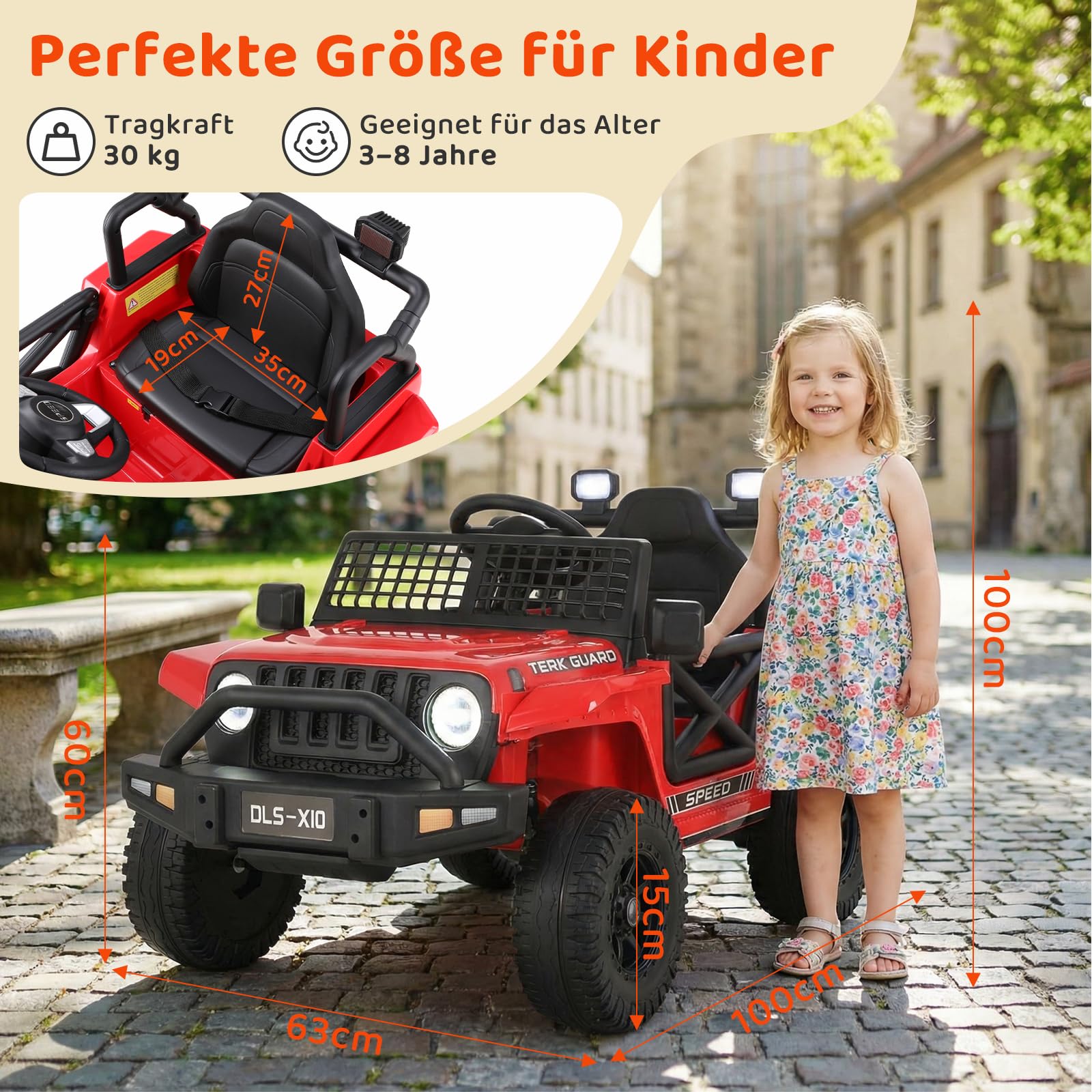 MAMIZO Kinder Elektroauto 12V 7Ah, Kinder Elektrofahrzeug, Elektrische Kinderauto mit 2 Motoren 12V, Fernbedienung, Geschwindigkeitsstufen, LED und Sicherheitsgurt, Musik, für 3-8 Jahren, 30KG, Rot