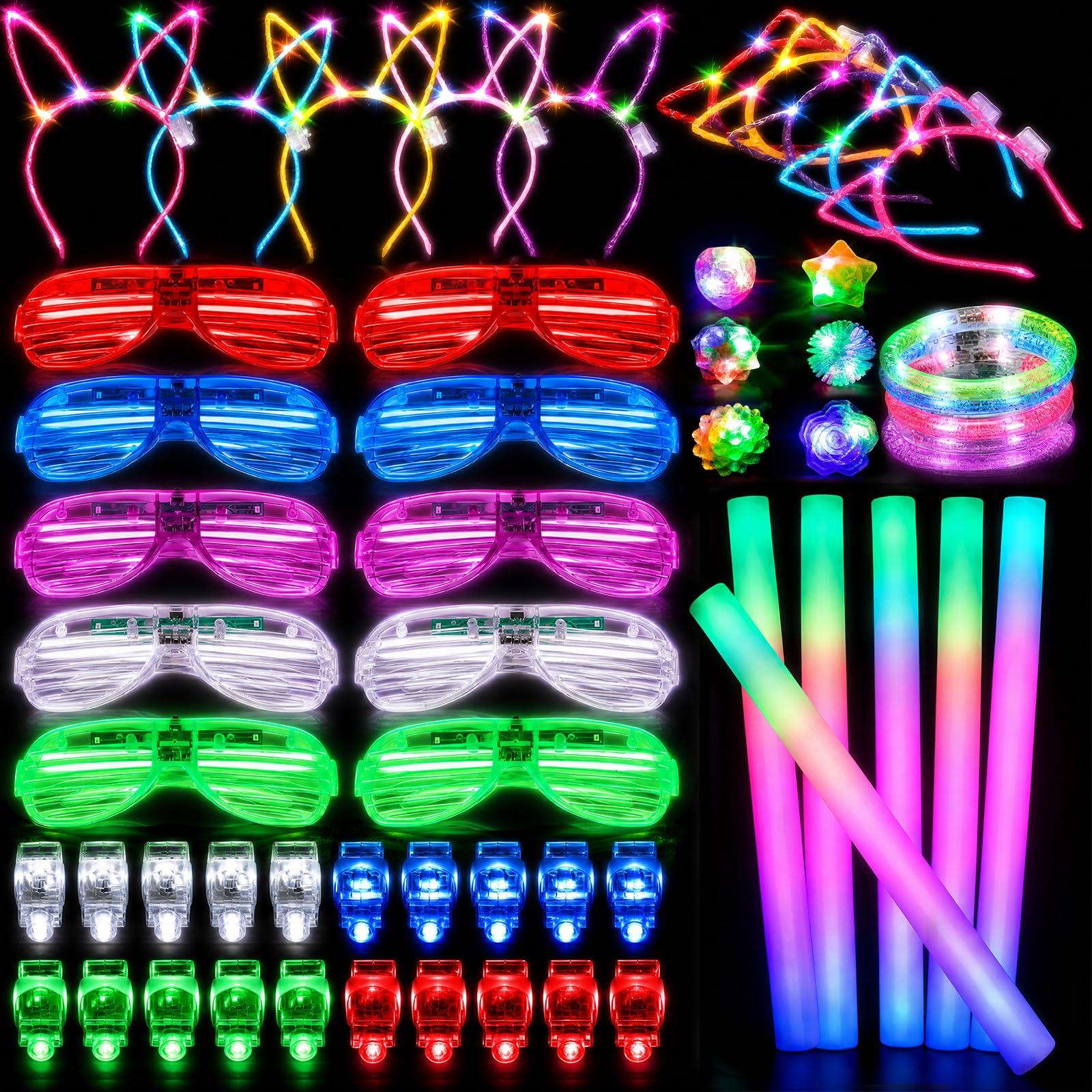 70 PCS Glow in the Dark Party Supplies, Neon Party Packs With Glow Foam Sticks, LED Glasses, Spinner Bracelets, Finger Lights,Ring, Headbands for Concert, Wedding, Birthday, New Year, Carnivals, Raves