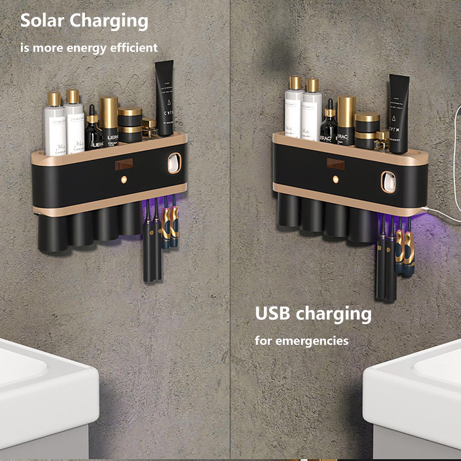 Soporte Cepillo De Dientes Inteligente Limpieza Profunda con UV, Portacepillos De Dientes Montado En La Pared con Múltiples Ranuras De Carga Solar USB, Soporte Cepillo Electrico,4-Cups