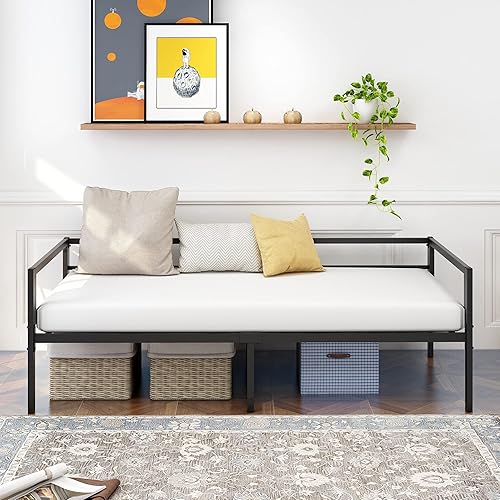 HOMERECOMMEND Metal Daybed Frame Heavy Duty Metal Slats Sofa Bed Platform Mattress Foundation No Box Spring Needed Mattress Foundation Twin Day Bed Black