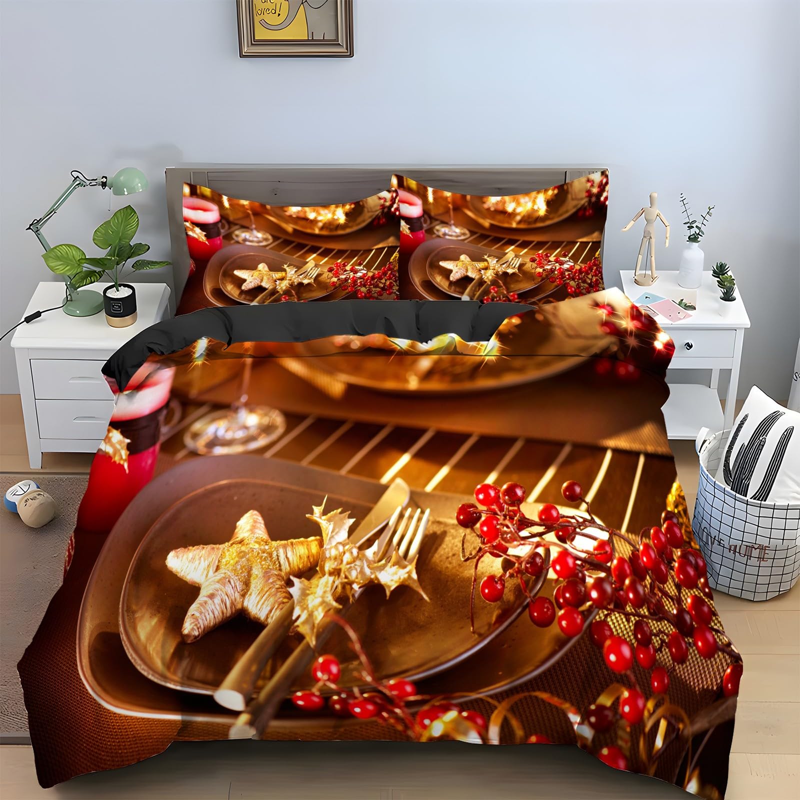Cadeau de Noël parure de lit 160x200 bougies festives en microfibre douce avec fermeture éclair