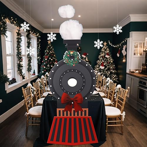 Miniatura 4 de Oudain 2 piezas de decoración de tren exprés de Navidad, decoración de mesa de tren de vapor con mantel negro, recorte de cartón para Navidad,