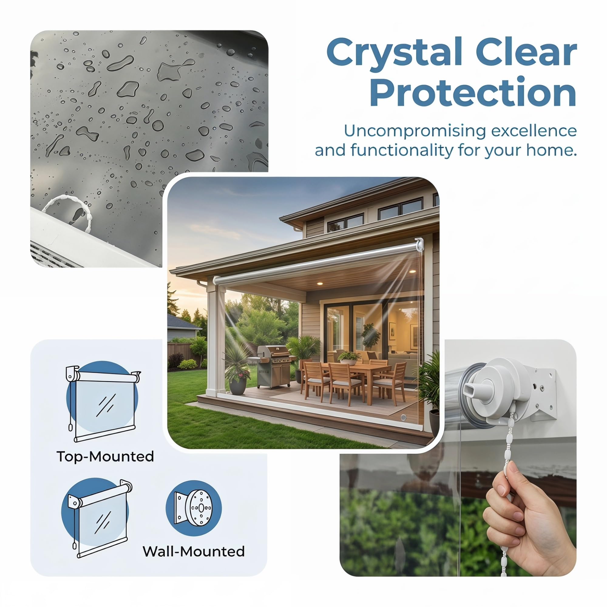 Wasserdichtes Rollo, Transparent Reißfeste PVC-Folie,für Garten-Pergola & Balkon-Terrassen,HD-Klarsicht Außenrollo mit Windschutz, Staubdicht & UV-Blocker Aufrollbares(W95*H220cm/W37.4*H86.6in)