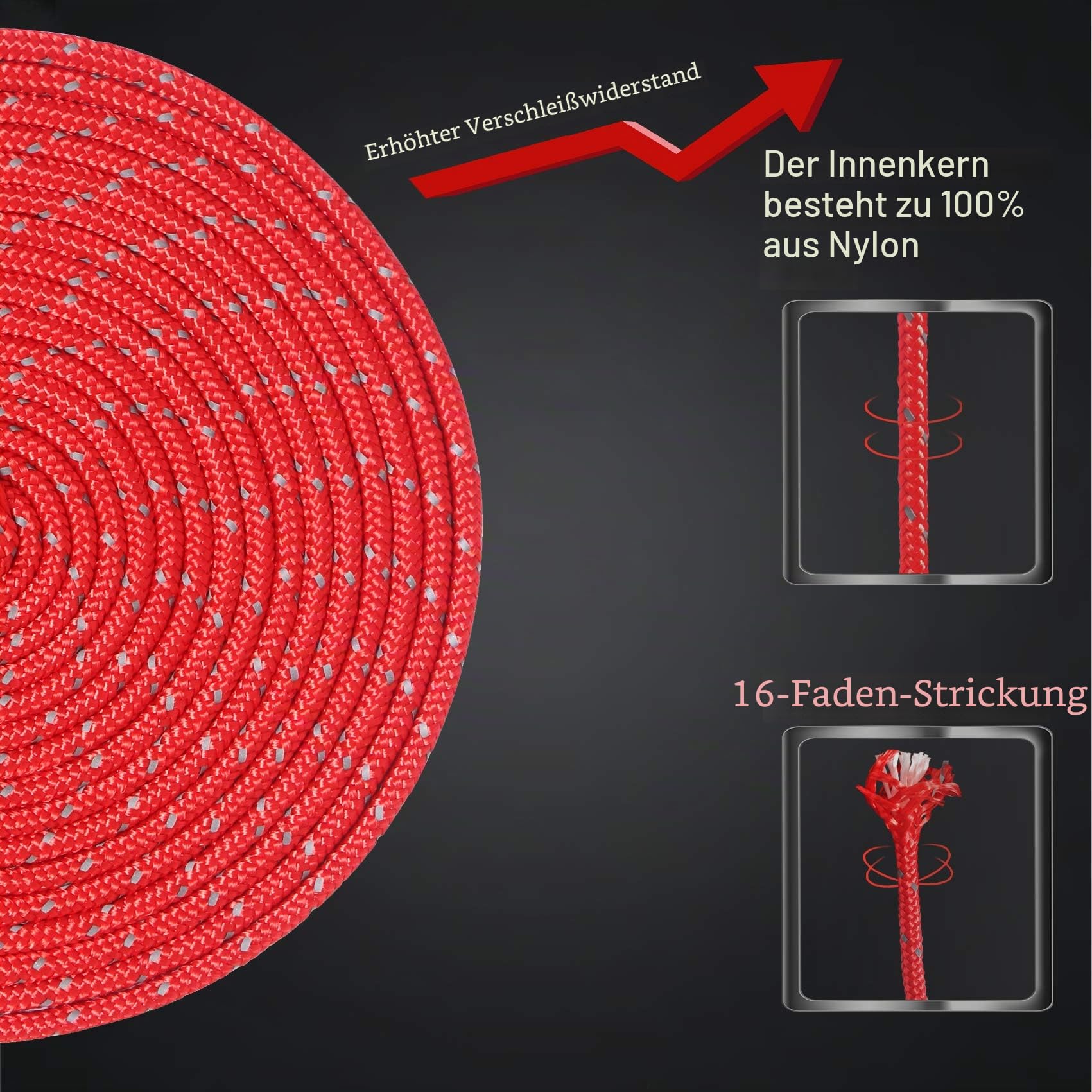50M reflektierende Schnur Guy Seile Outdoor Zelt Führungsseil 100% Nylon Schnur Windlinie mit 10 Stück Aluminiumlegierung Spanner für Camping (red, Diameter 5 mm)