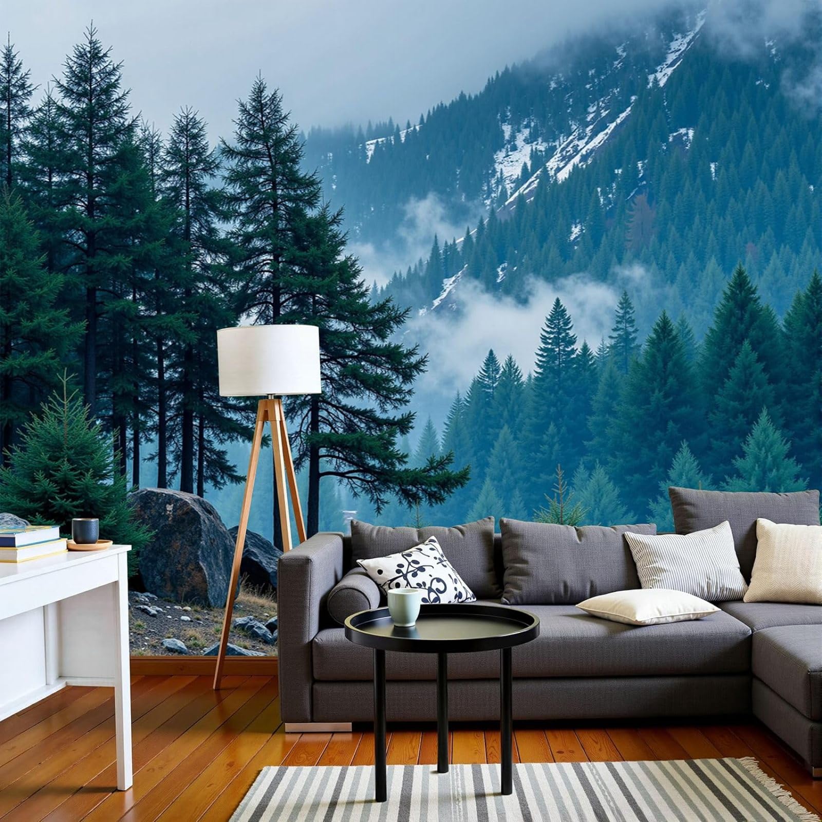 3D Effect Photo Wallpaper Nature High Mountains Non-woven Poster Dense Pine Forest Photo XL Non-woven Wallpaper Blue-Gray Living Room Bedroom Picture Wallpaper, 300cm x 210cm Stickers - Frameless Pain