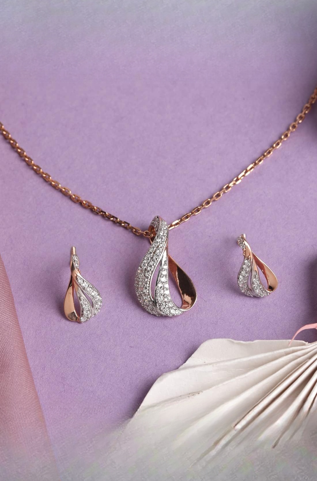 Clara 925 Sterling Silver Agda Pendant Earring Chain Jewellery Set | Rose Gold Rhodium Plated, Swiss Zirconia | Gift for Women & Girls